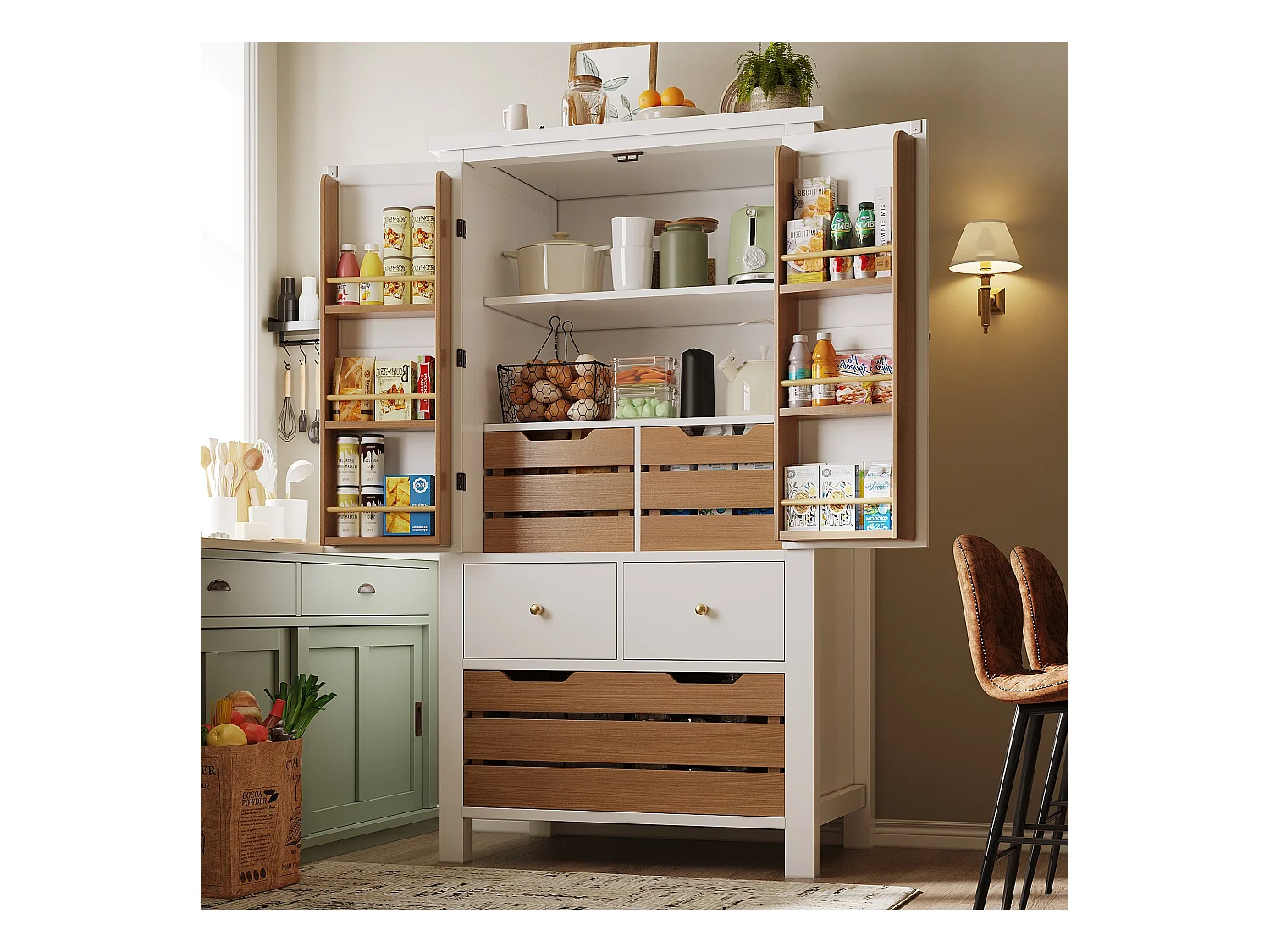 Buffet de cuisine 80x40x140cm - 2 portes + 2 tiroirs - avec panier à collation amovible marron - Blanc