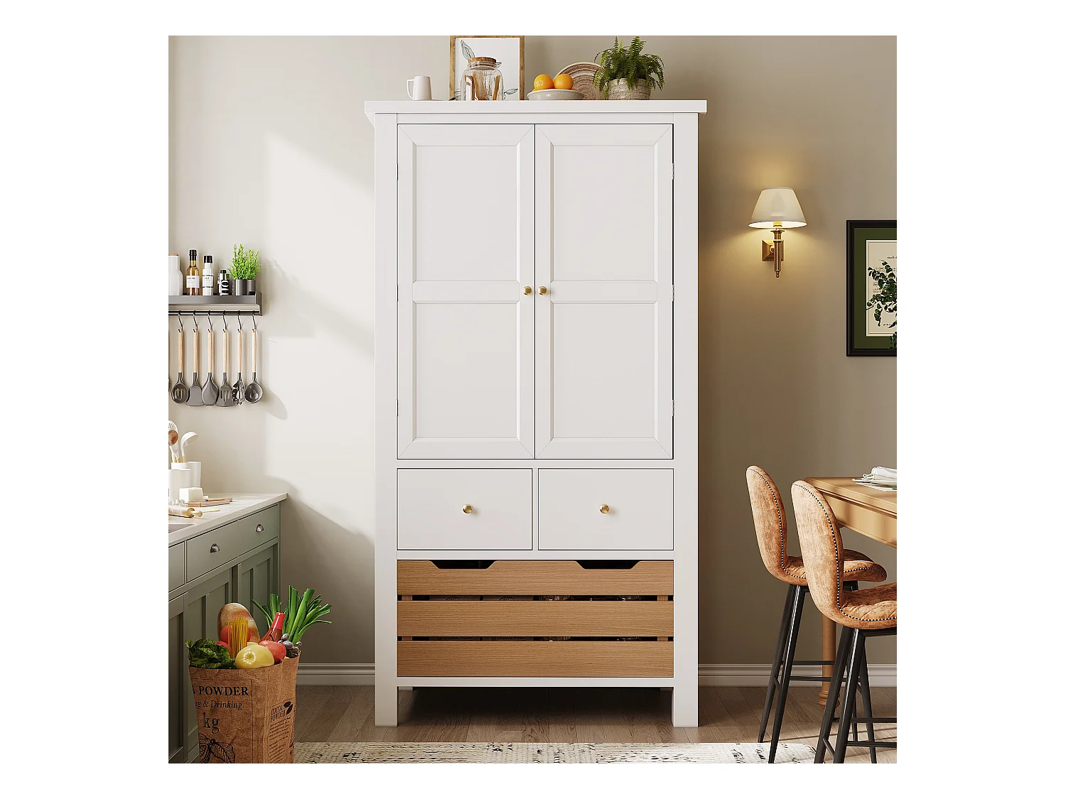 Küchenbuffet 80x40x140cm - 2 Türen + 2 Schubladen - Mit abnehmbarem braunen Snackkorb - Weiß