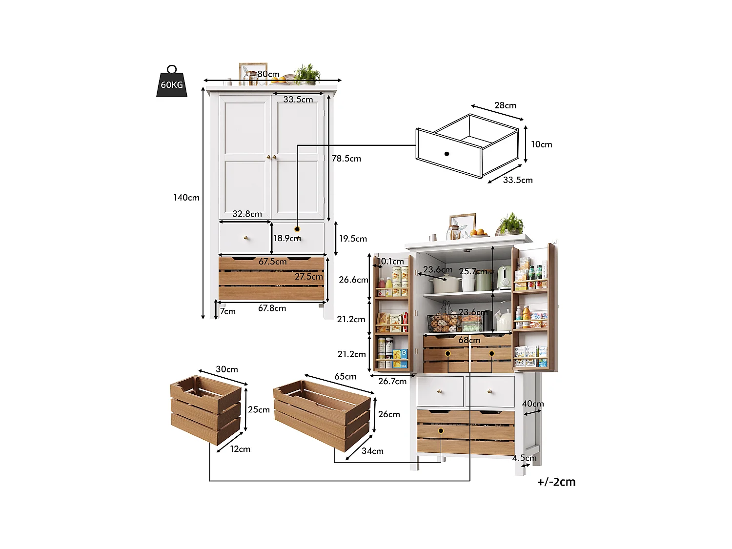 Küchenbuffet 80x40x140cm - 2 Türen + 2 Schubladen - Mit abnehmbarem braunen Snackkorb - Weiß