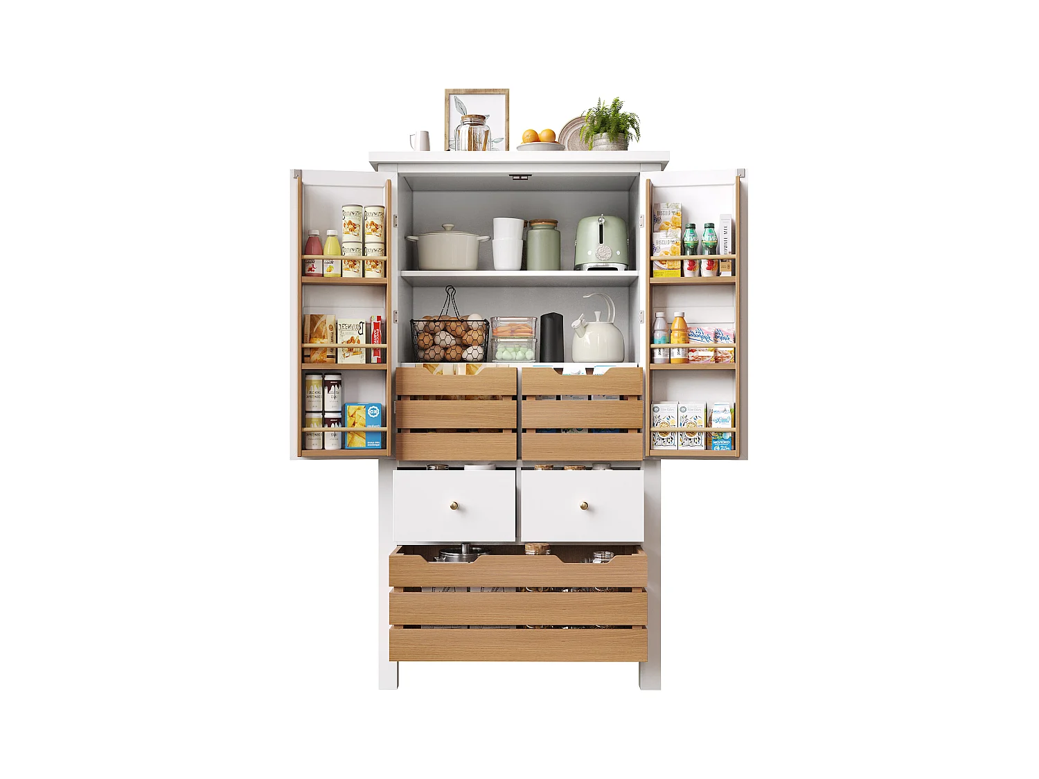 Küchenbuffet 80x40x140cm - 2 Türen + 2 Schubladen - Mit abnehmbarem braunen Snackkorb - Weiß
