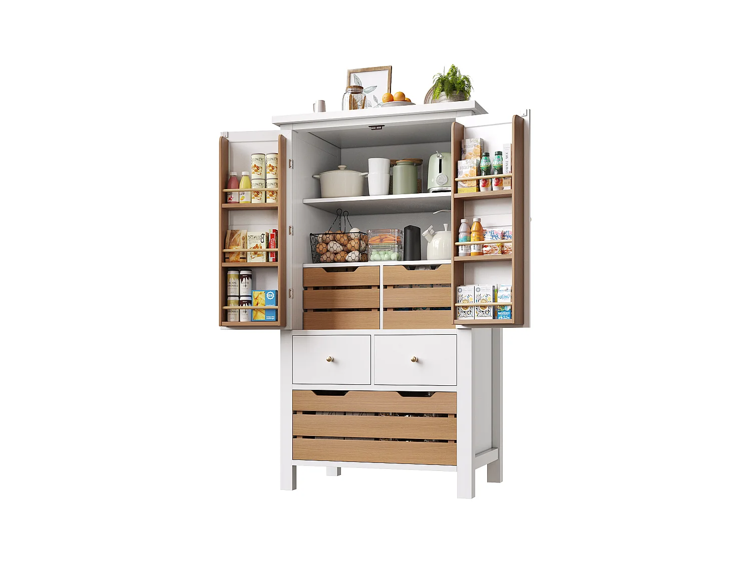 Küchenbuffet 80x40x140cm - 2 Türen + 2 Schubladen - Mit abnehmbarem braunen Snackkorb - Weiß