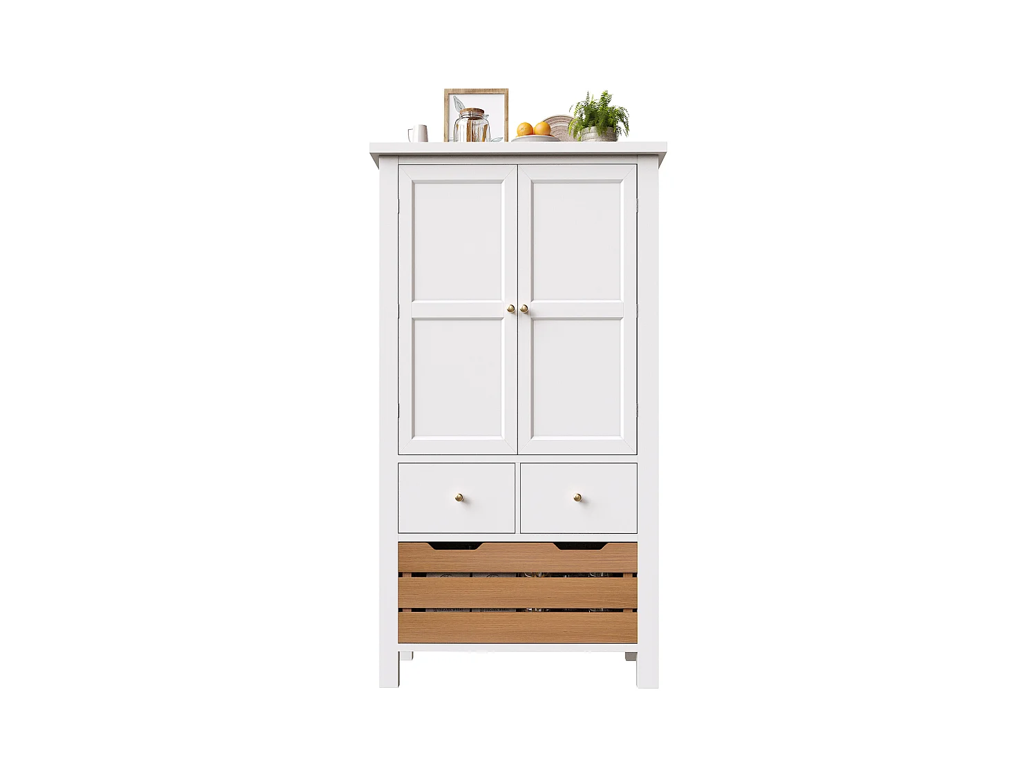 Küchenbuffet 80x40x140cm - 2 Türen + 2 Schubladen - Mit abnehmbarem braunen Snackkorb - Weiß