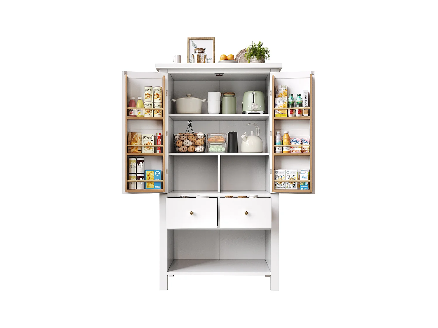 Küchenbuffet 80x40x140cm - 2 Türen + 2 Schubladen - Mit abnehmbarem braunen Snackkorb - Weiß
