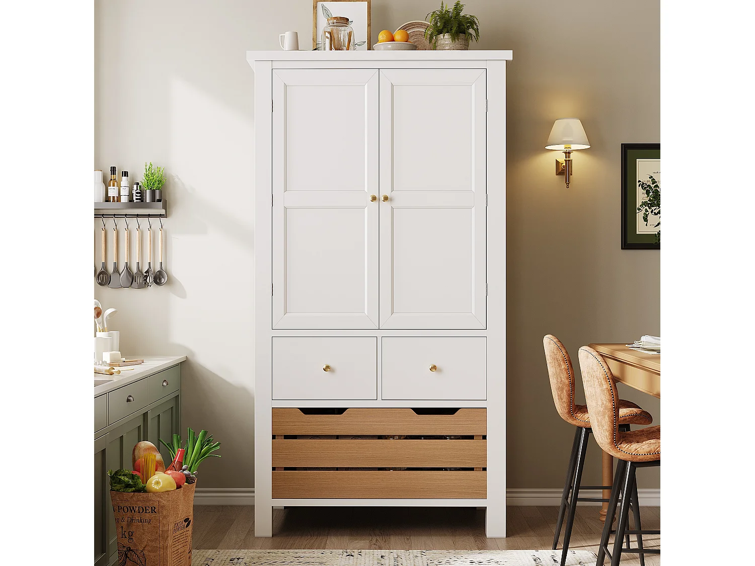 Buffet kuchenny 80x40x140cm - 2 fronty + 2 szuflady - Z wyjmowanym brązowym koszem na przekąski - ​​Biały​