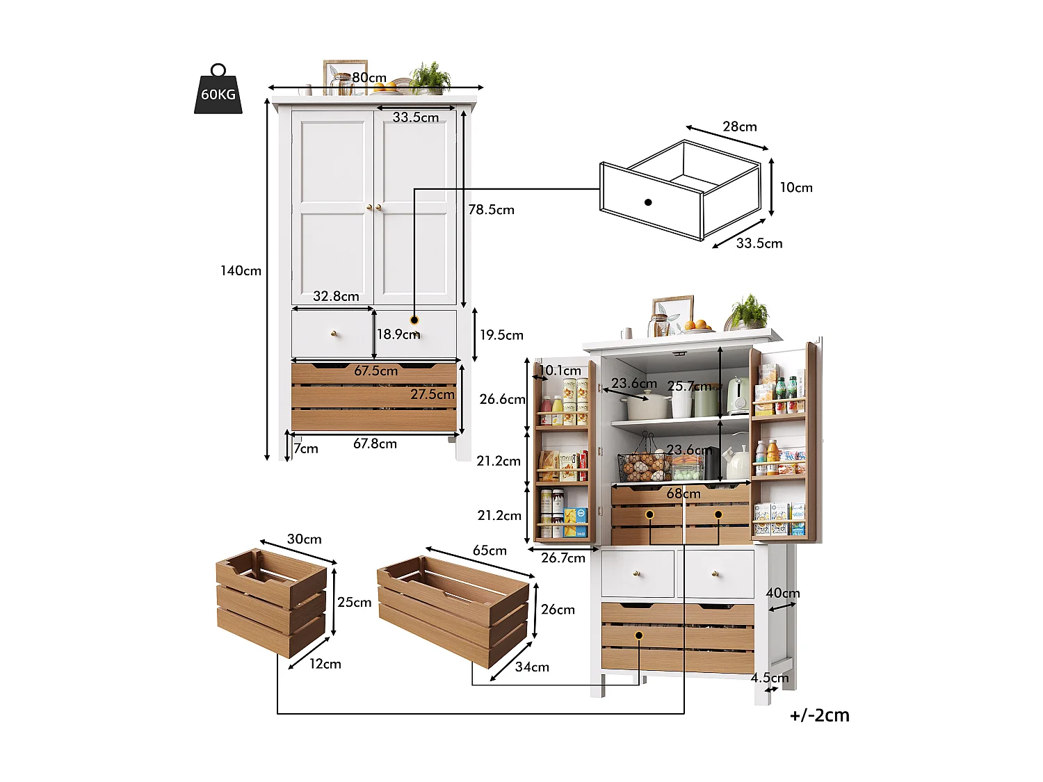 Buffet kuchenny 80x40x140cm - 2 fronty + 2 szuflady - Z wyjmowanym brązowym koszem na przekąski - ​​Biały​