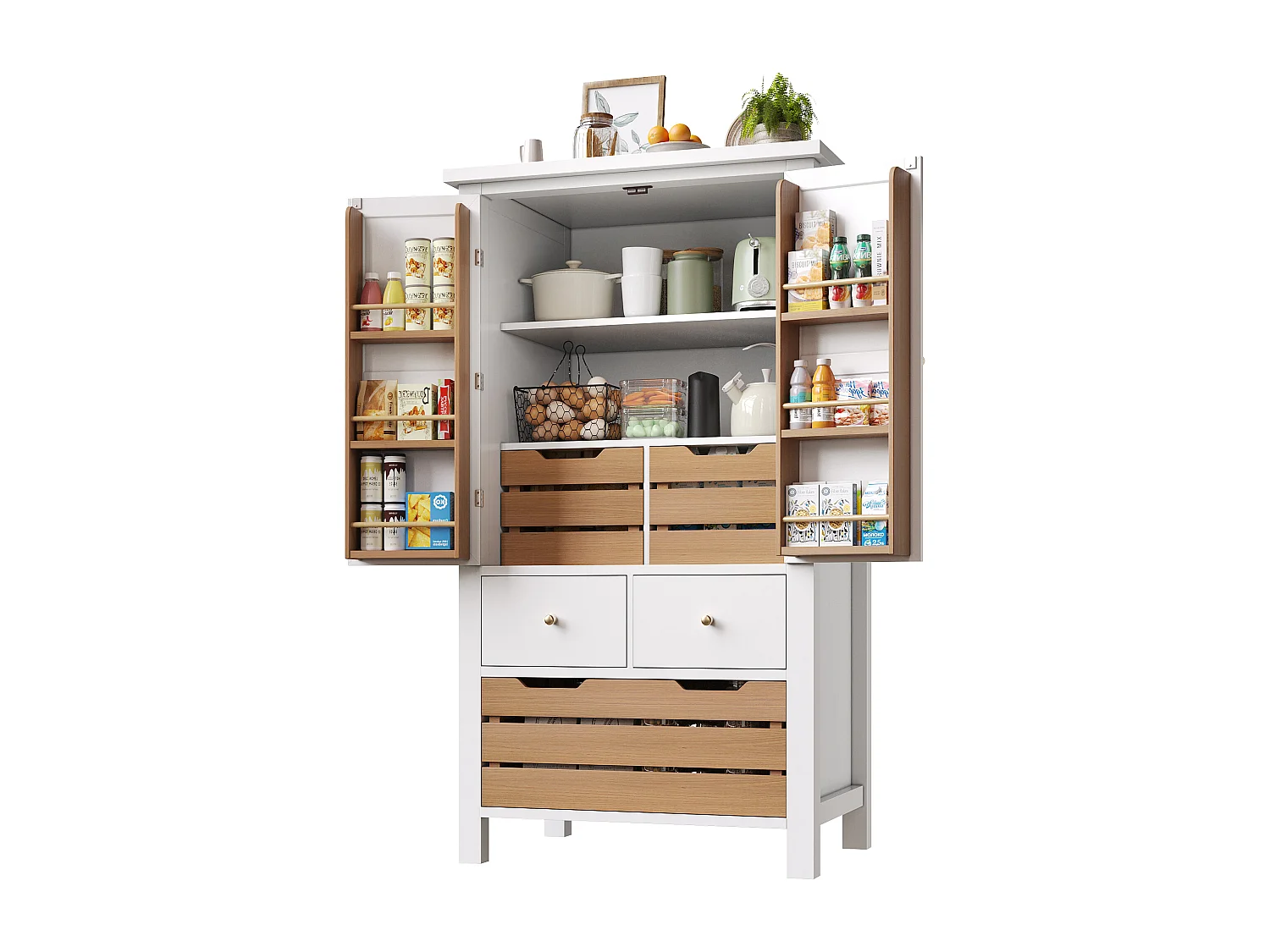 Buffet kuchenny 80x40x140cm - 2 fronty + 2 szuflady - Z wyjmowanym brązowym koszem na przekąski - ​​Biały​