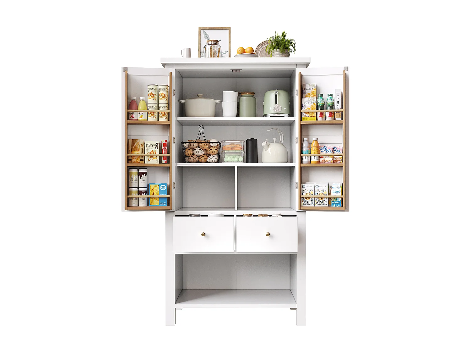 Buffet kuchenny 80x40x140cm - 2 fronty + 2 szuflady - Z wyjmowanym brązowym koszem na przekąski - ​​Biały​