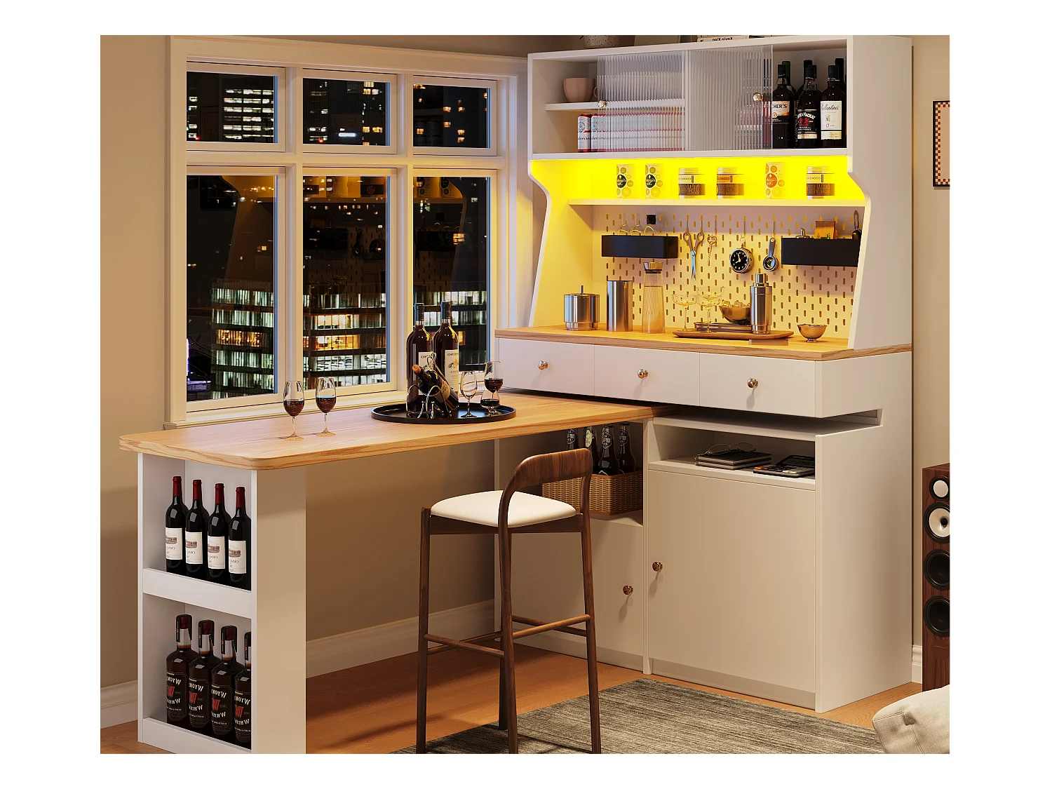 Buffet de cuisine - avec table de bar rotative rétractable - avec éclairage LED - 2 portes + 3 tiroirs - Blanc