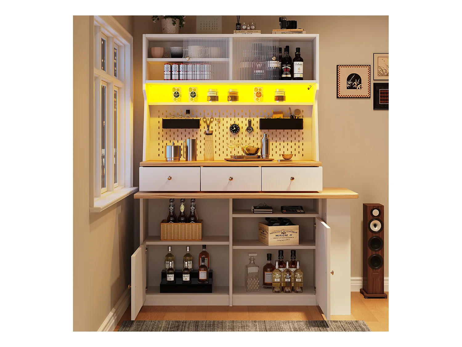 Buffet de cuisine - avec table de bar rotative rétractable - avec éclairage LED - 2 portes + 3 tiroirs - Blanc