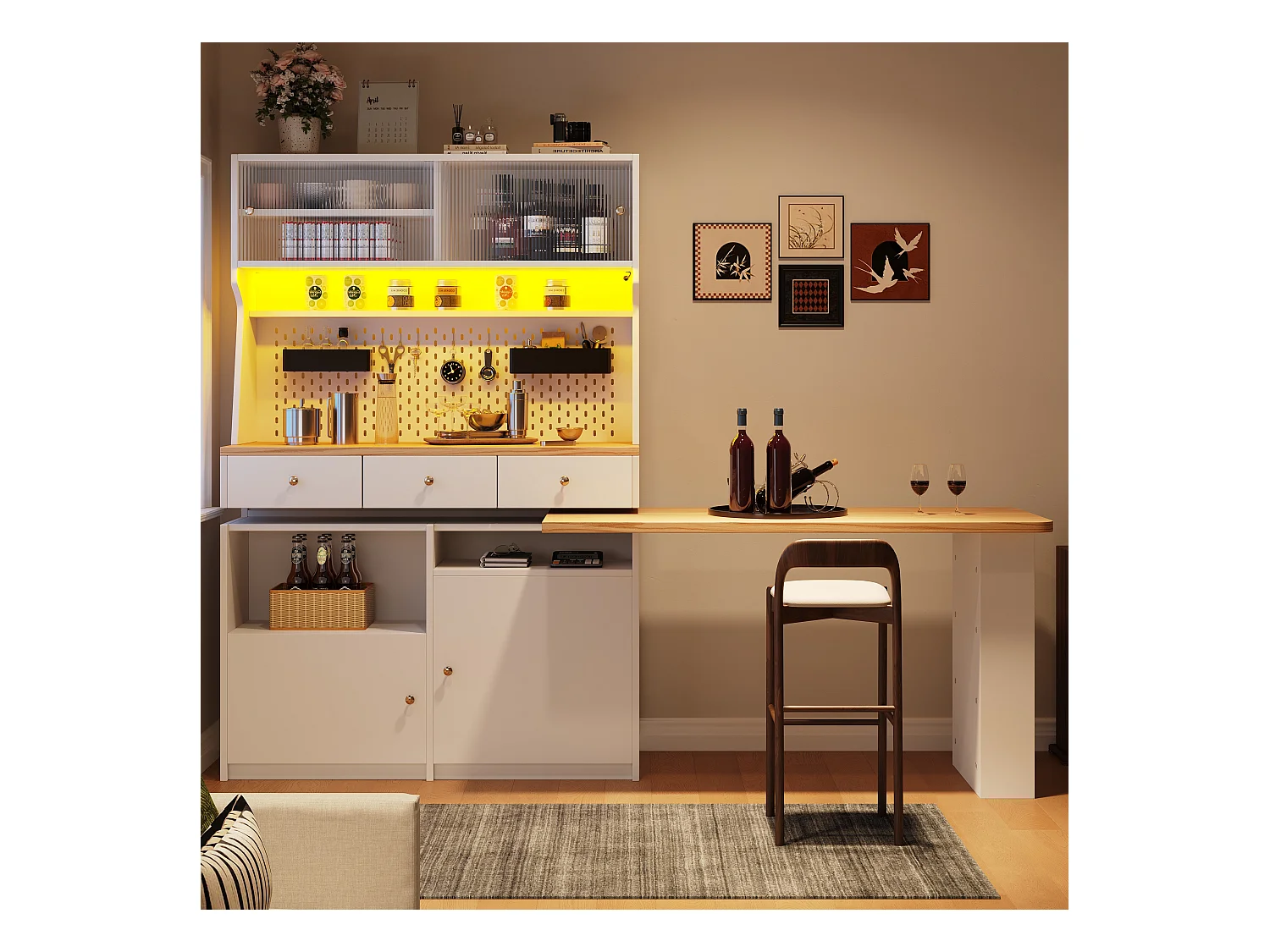 Buffet de cuisine - avec table de bar rotative rétractable - avec éclairage LED - 2 portes + 3 tiroirs - Blanc