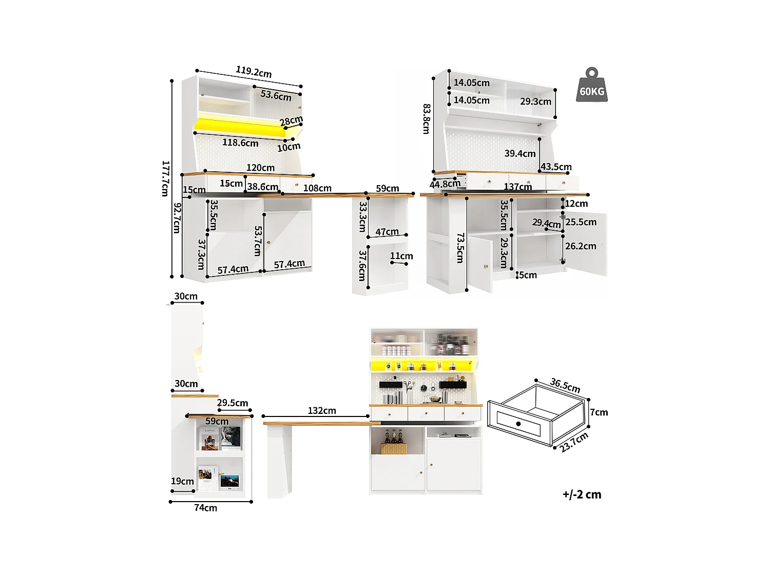 Buffet de cuisine - avec table de bar rotative rétractable - avec éclairage LED - 2 portes + 3 tiroirs - Blanc