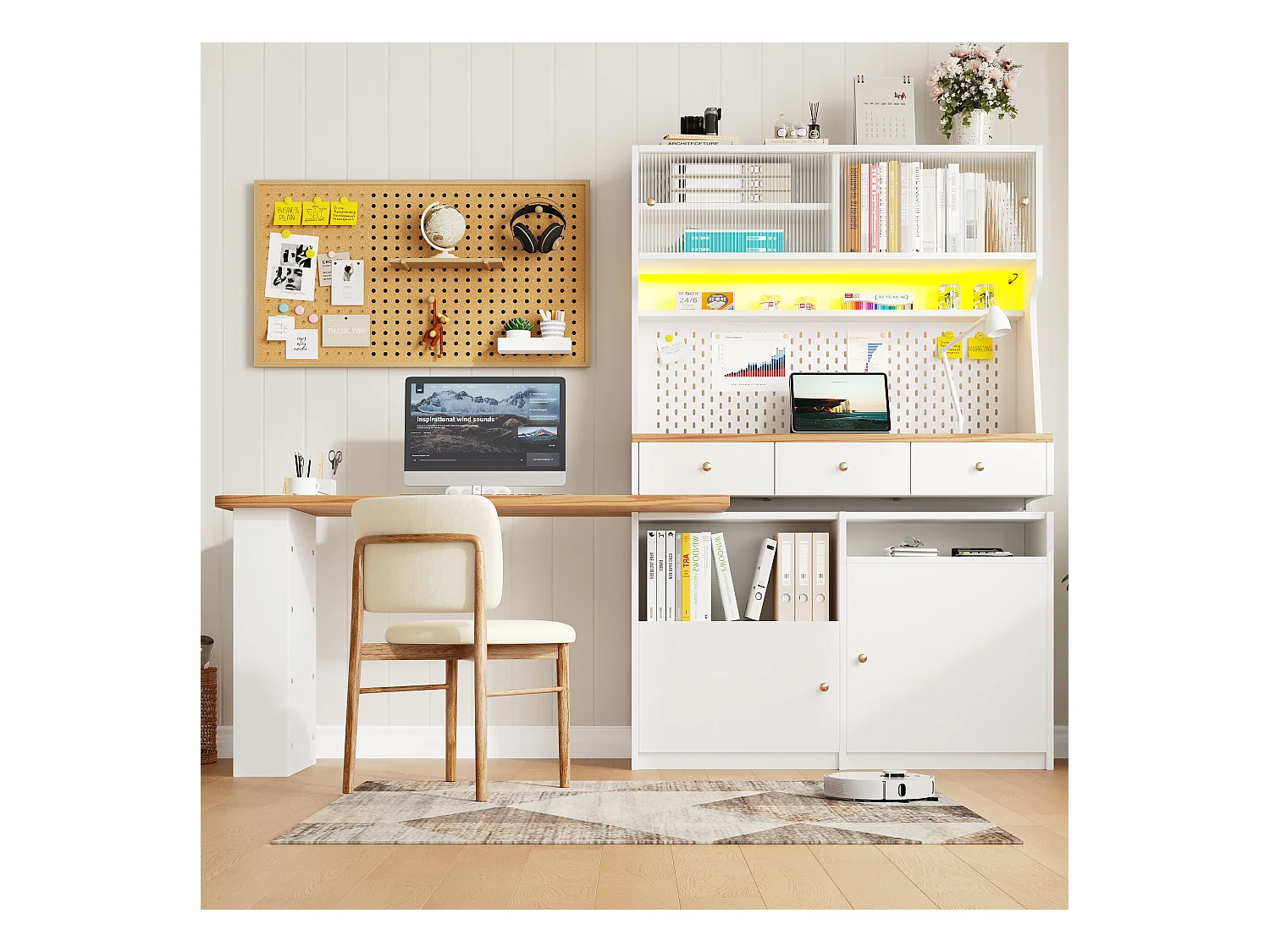 Buffet de cuisine - avec table de bar rotative rétractable - avec éclairage LED - 2 portes + 3 tiroirs - Blanc