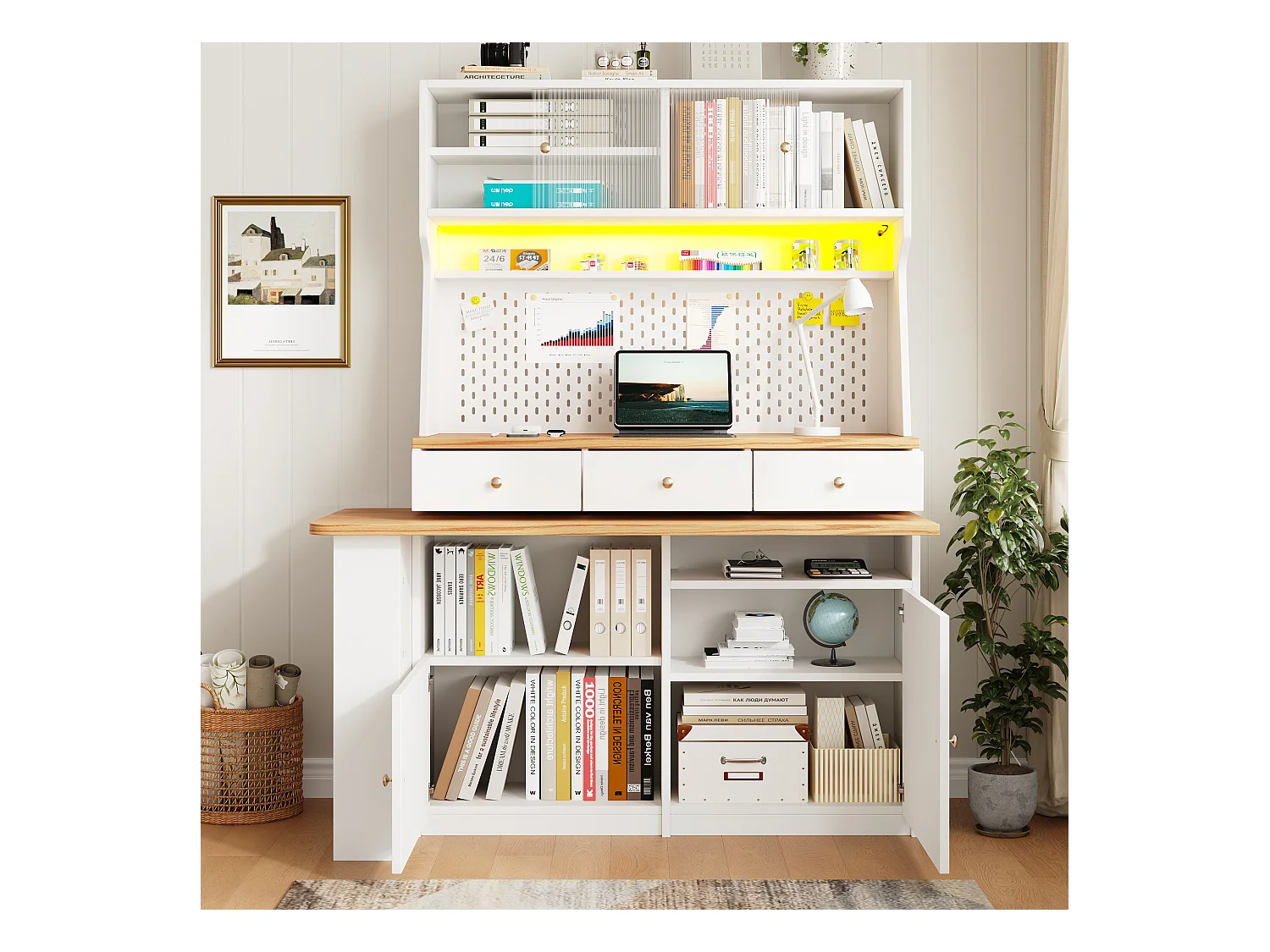 Buffet de cuisine - avec table de bar rotative rétractable - avec éclairage LED - 2 portes + 3 tiroirs - Blanc