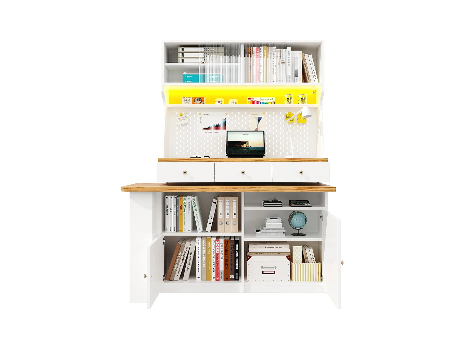 Buffet de cuisine - avec table de bar rotative rétractable - avec éclairage LED - 2 portes + 3 tiroirs - Blanc