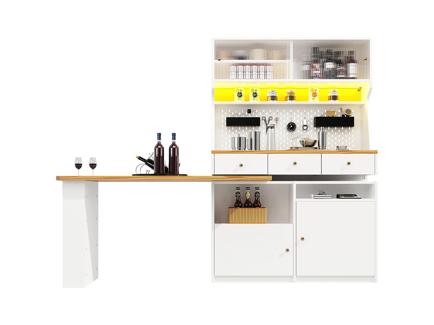 Buffet de cuisine - avec table de bar rotative rétractable - avec éclairage LED - 2 portes + 3 tiroirs - Blanc