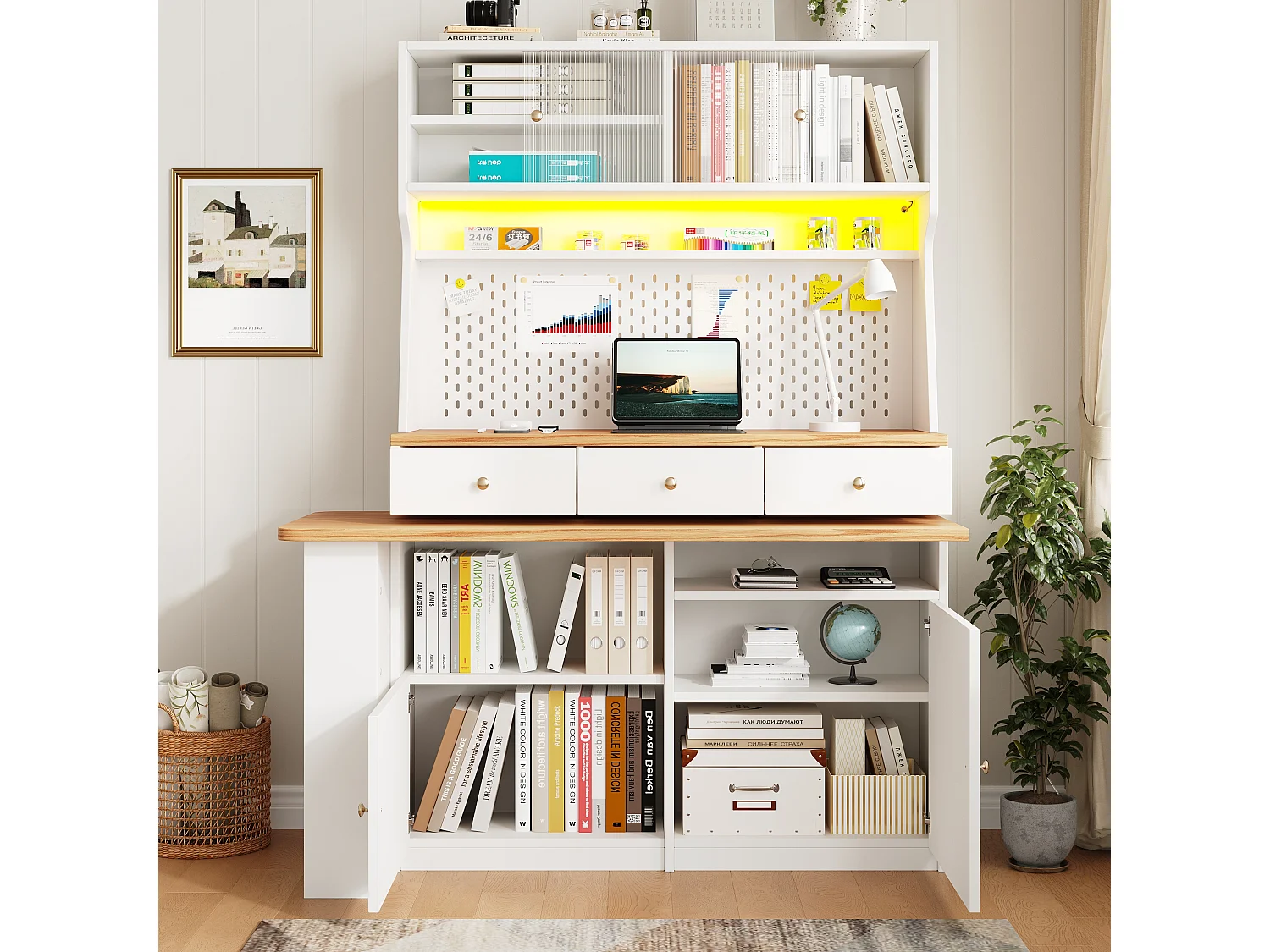 Buffet kuchenny - Z wysuwanym, obrotowym blatem barowym - Z oświetleniem LED - 2 fronty + 3 szuflady - Biały