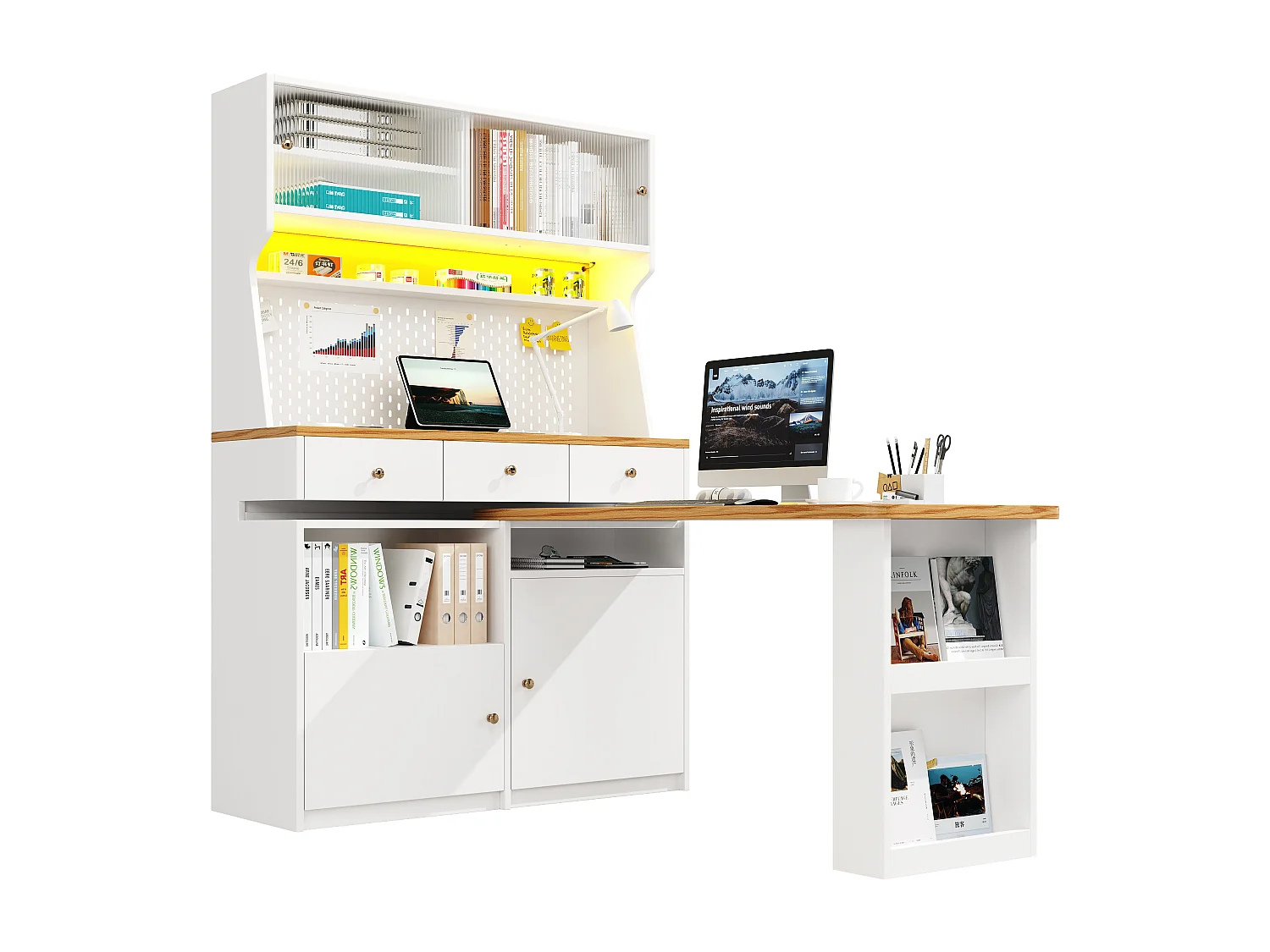 Buffet kuchenny - Z wysuwanym, obrotowym blatem barowym - Z oświetleniem LED - 2 fronty + 3 szuflady - Biały