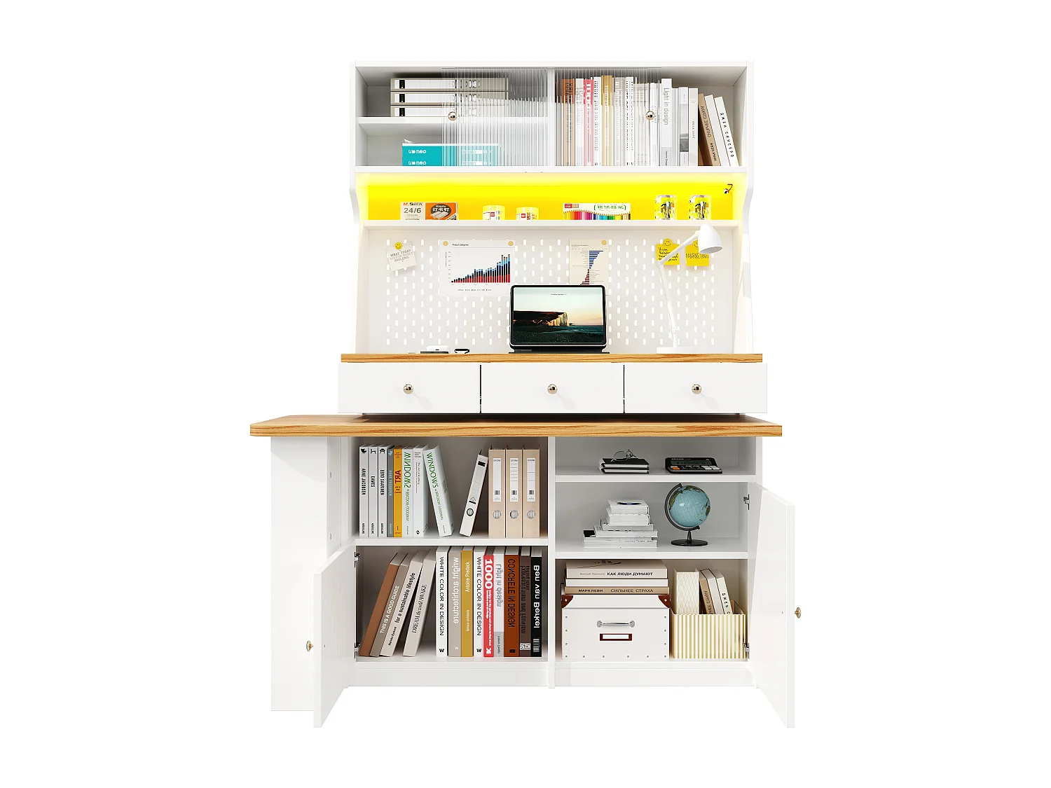 Buffet kuchenny - Z wysuwanym, obrotowym blatem barowym - Z oświetleniem LED - 2 fronty + 3 szuflady - Biały