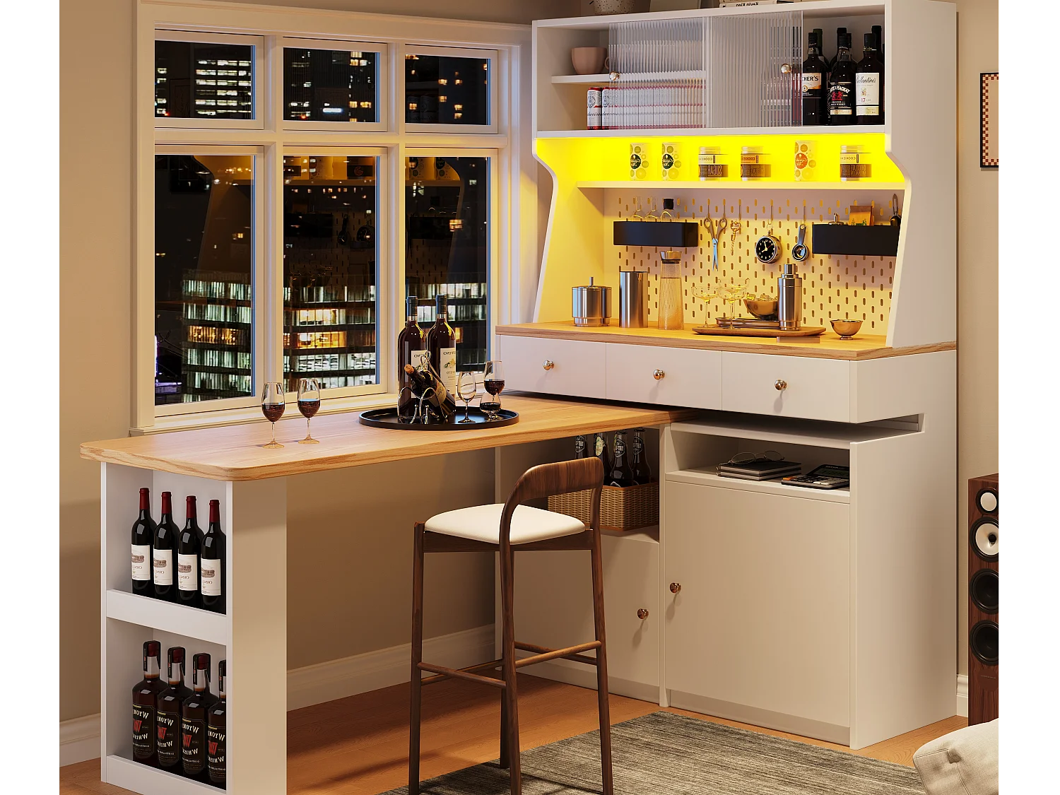 Buffet de cuisine - avec table de bar rotative rétractable - avec éclairage LED - 2 portes + 3 tiroirs - Blanc