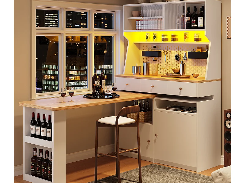Buffet de cuisine - avec table de bar rotative rétractable - avec éclairage LED - 2 portes + 3 tiroirs - Blanc