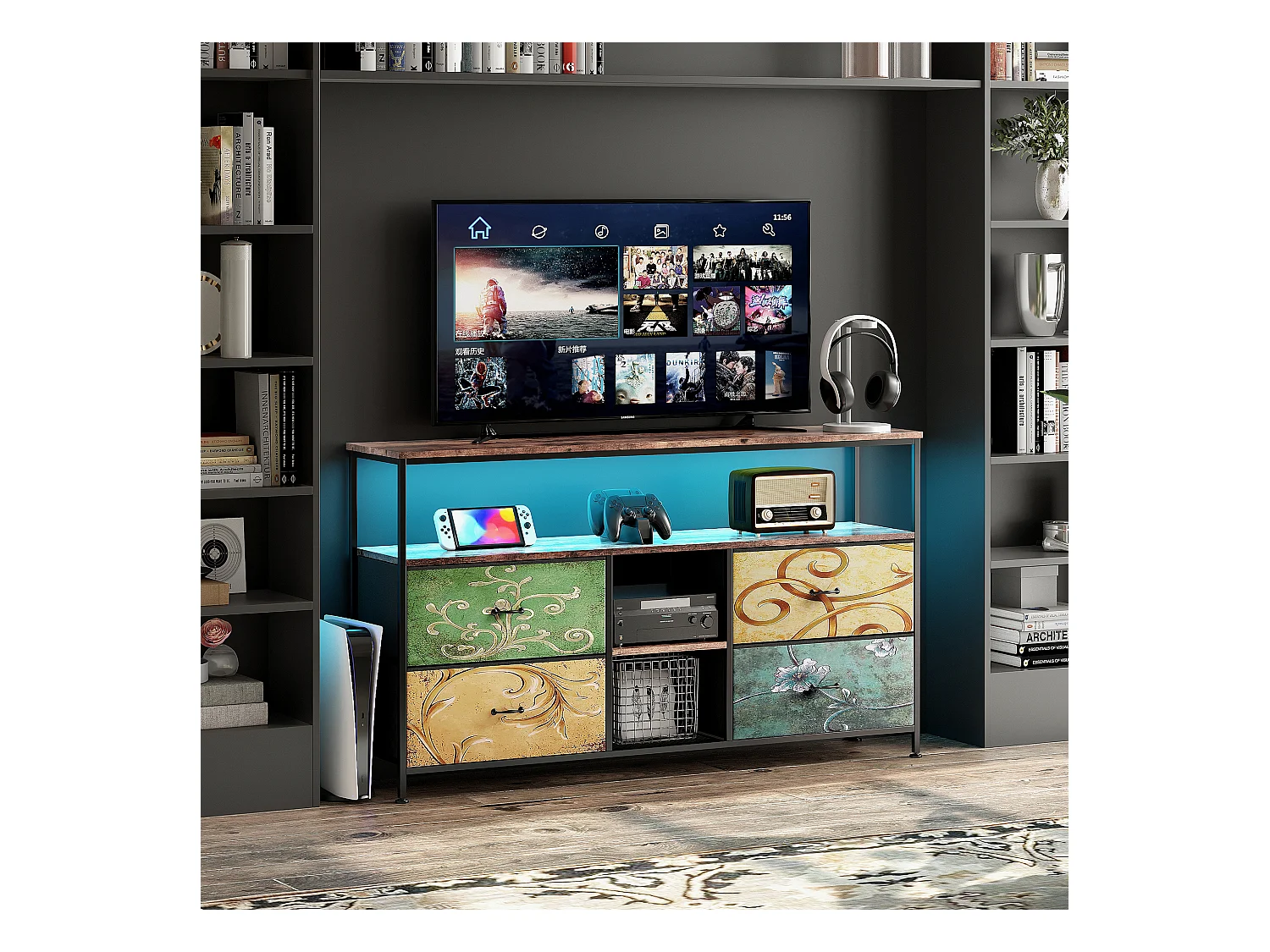 Meuble TV - 108x30x78cm - Éclairage LED - 4 Tiroirs PU Coloré - Métal noir et tissu coloré