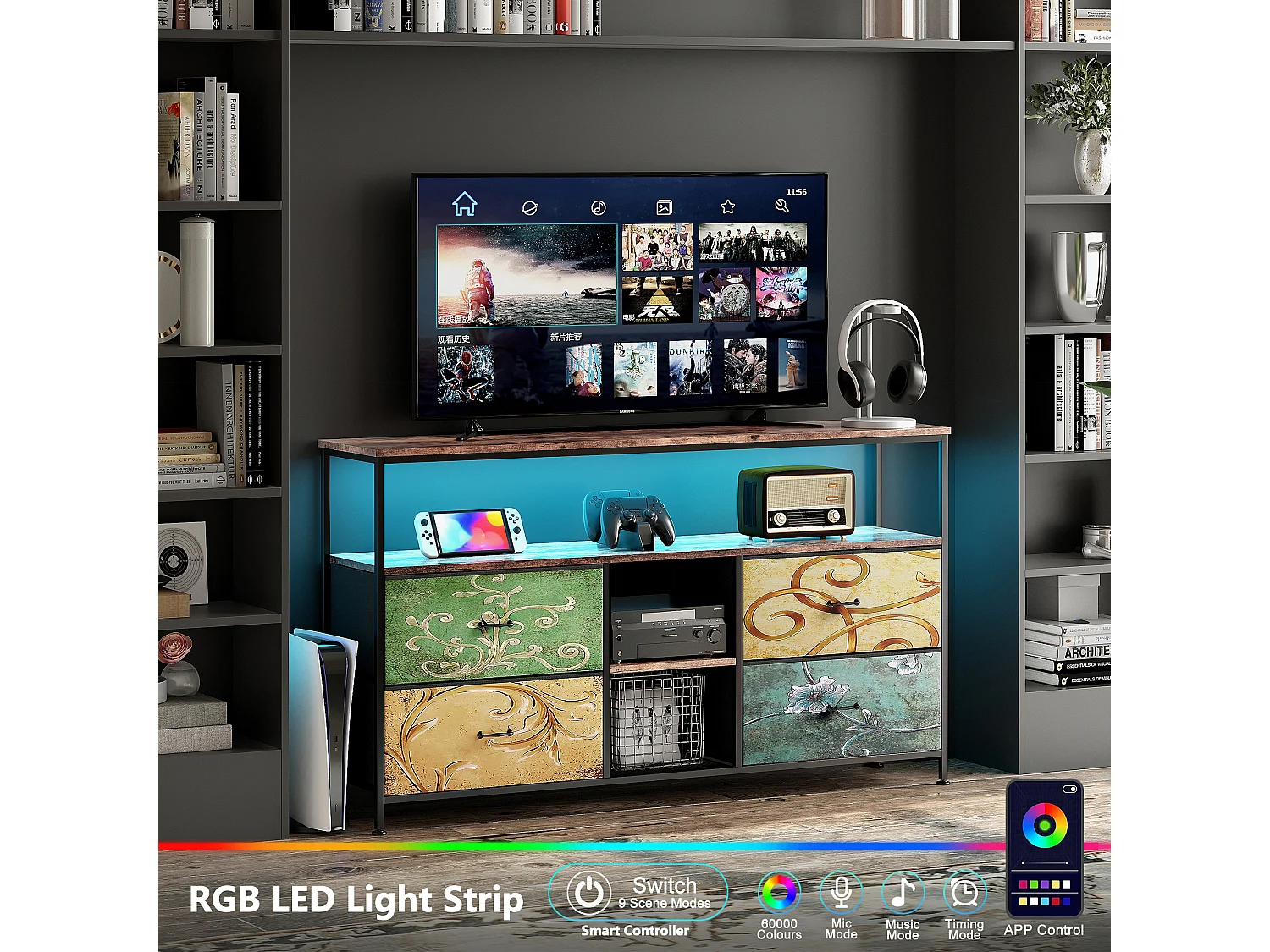 Meuble TV - 108x30x78cm - Éclairage LED - 4 Tiroirs PU Coloré - Métal noir et tissu coloré