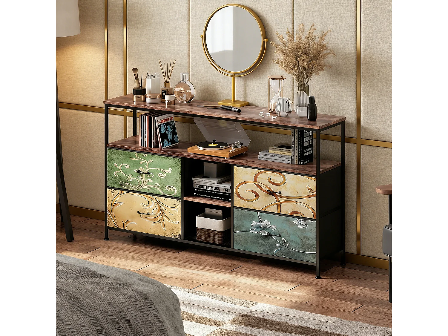 Meuble TV - 108x30x78cm - Éclairage LED - 4 Tiroirs PU Coloré - Métal noir et tissu coloré