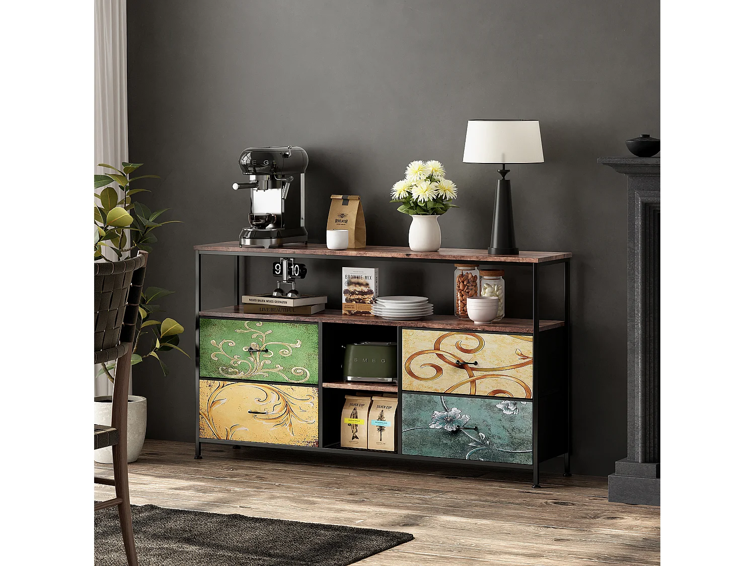 Meuble TV - 108x30x78cm - Éclairage LED - 4 Tiroirs PU Coloré - Métal noir et tissu coloré