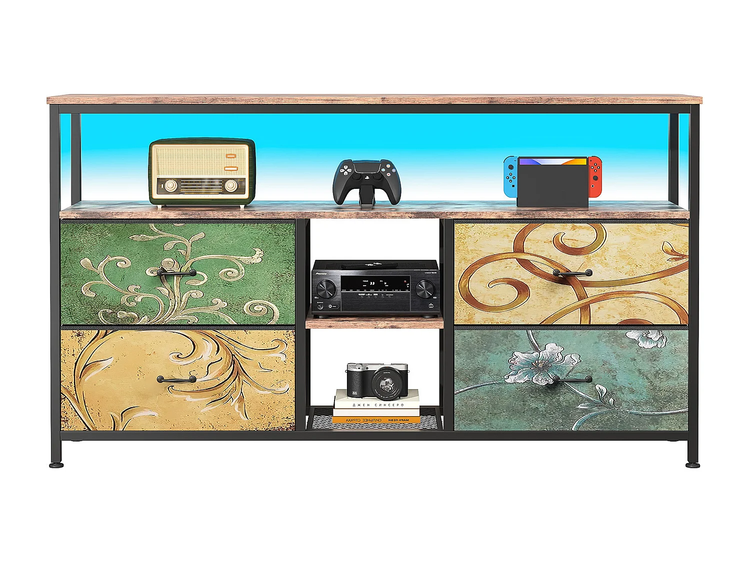 Meuble TV - 108x30x78cm - Éclairage LED - 4 Tiroirs PU Coloré - Métal noir et tissu coloré