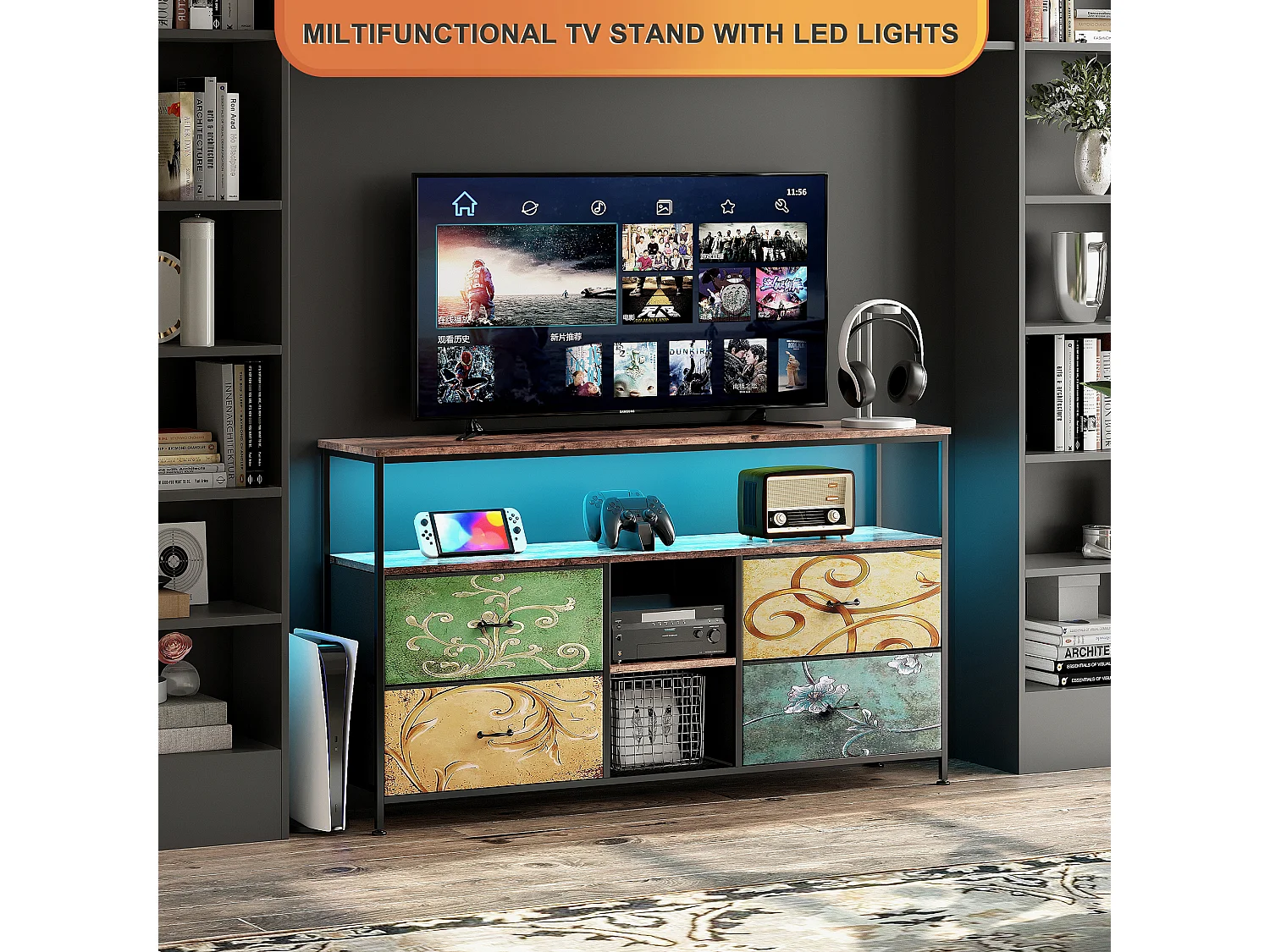 TV-meubel - 108x30x78cm - LED-verlichting - 4 gekleurde PU-lades - Zwart metaal en gekleurde stof
