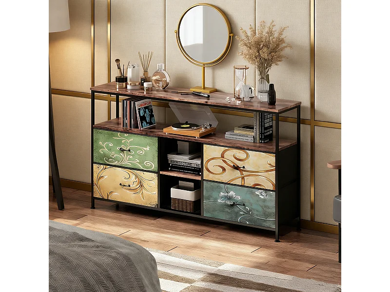 Meuble TV - 108x30x78cm - Éclairage LED - 4 Tiroirs PU Coloré - Métal noir et tissu coloré