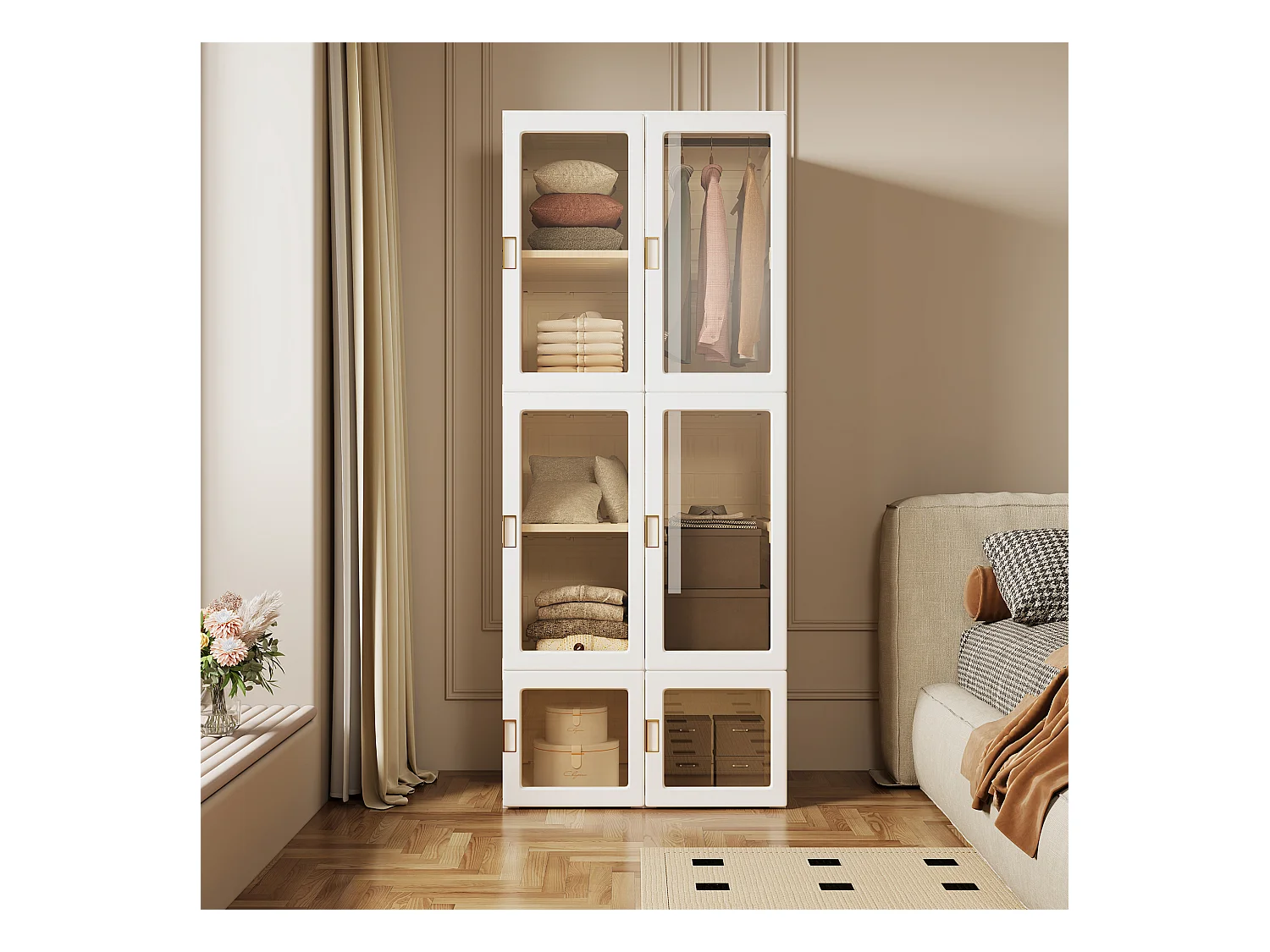 Armoire portable, organiseur de rangement, avec portes magnétiques, assemblage facile, porte transparente，170 x 69 x 50 cm, blanc