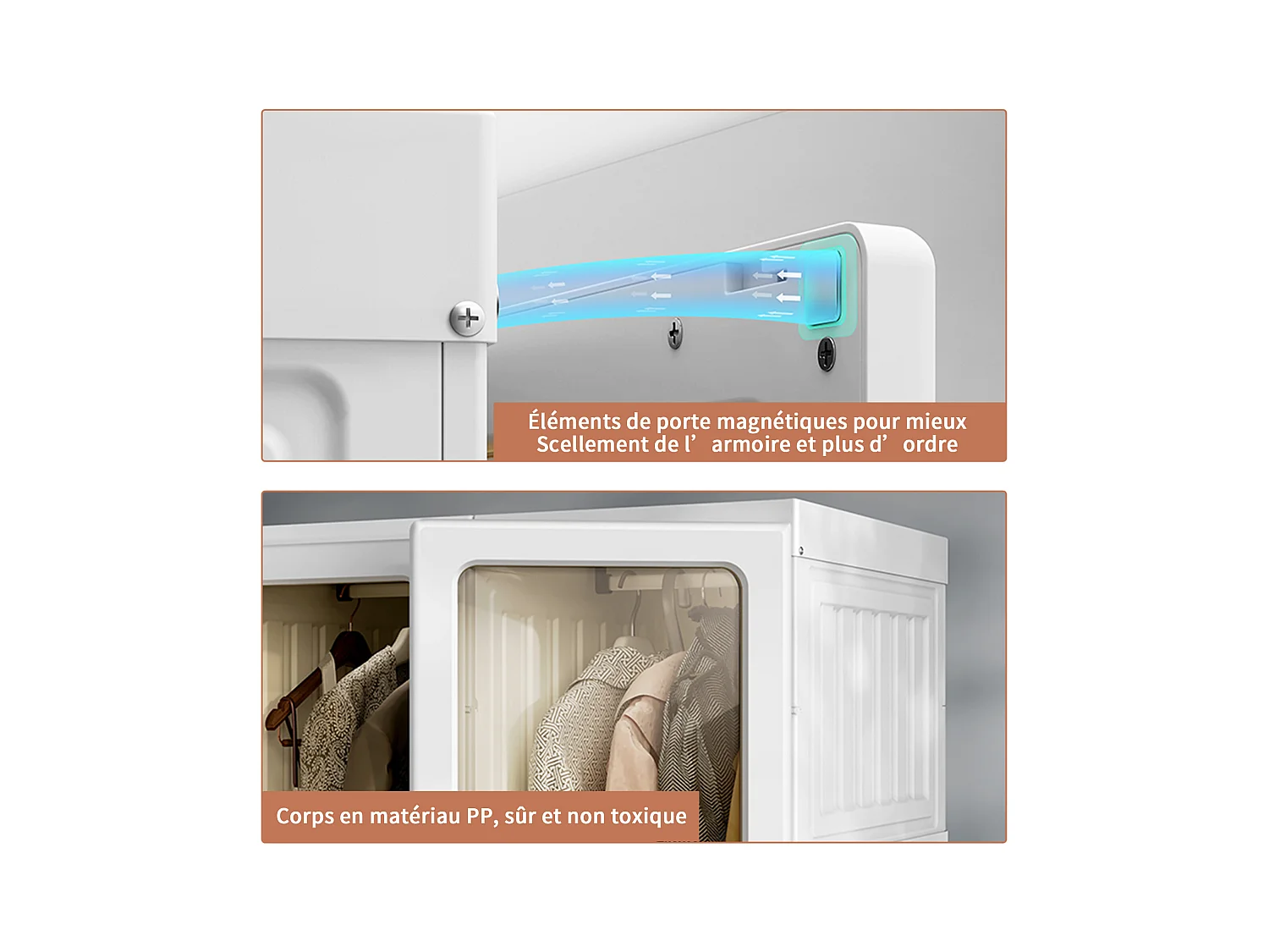 Armoire portable, organiseur de rangement, avec portes magnétiques, assemblage facile, porte transparente，170 x 69 x 50 cm, blanc