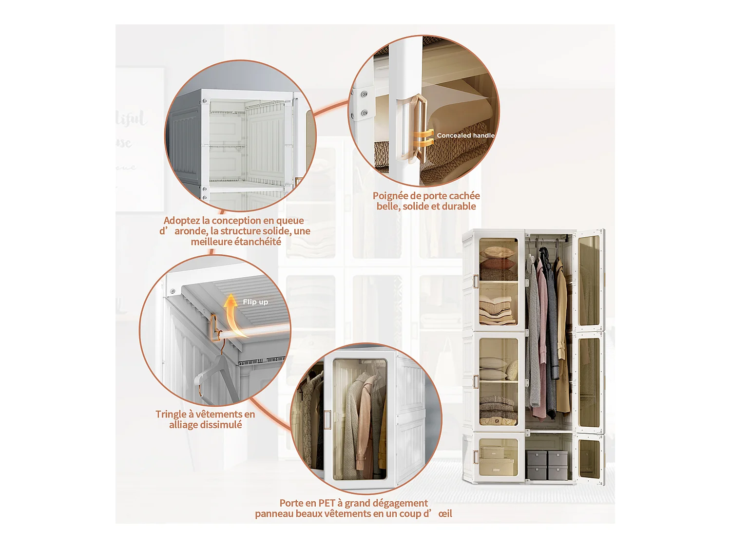 Armoire portable, organiseur de rangement, avec portes magnétiques, assemblage facile, porte transparente，170 x 69 x 50 cm, blanc