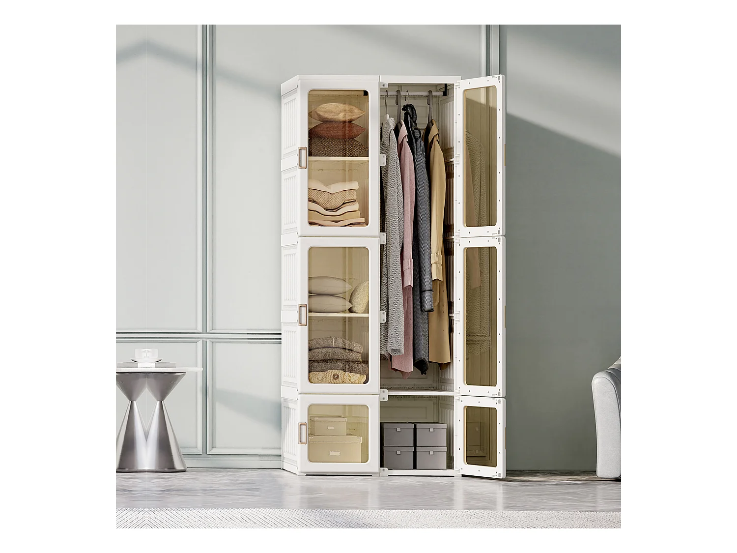 Armoire portable, organiseur de rangement, avec portes magnétiques, assemblage facile, porte transparente，170 x 69 x 50 cm, blanc