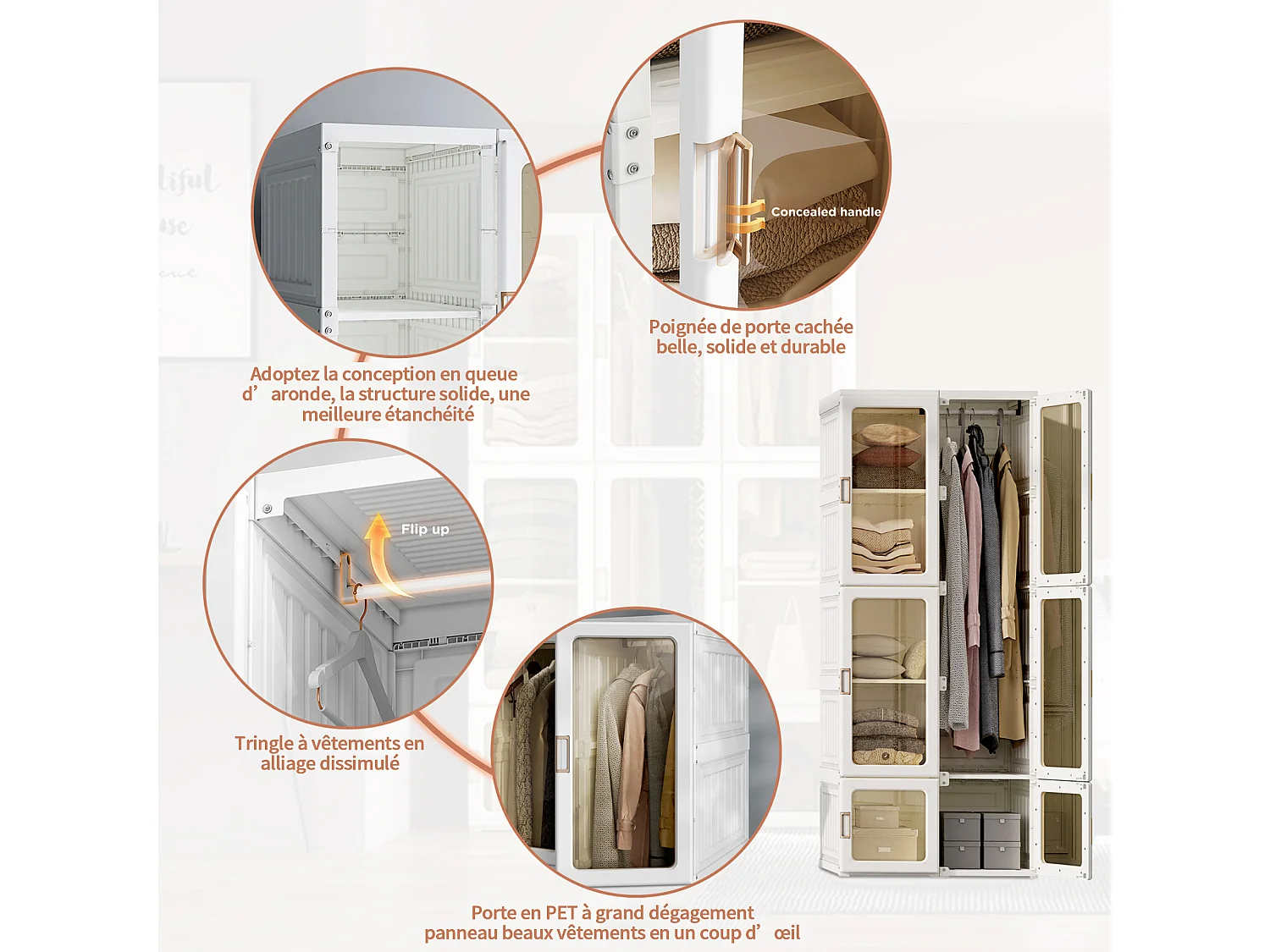 Armoire portable, organiseur de rangement, avec portes magnétiques, assemblage facile, porte transparente，170 x 69 x 50 cm, blanc