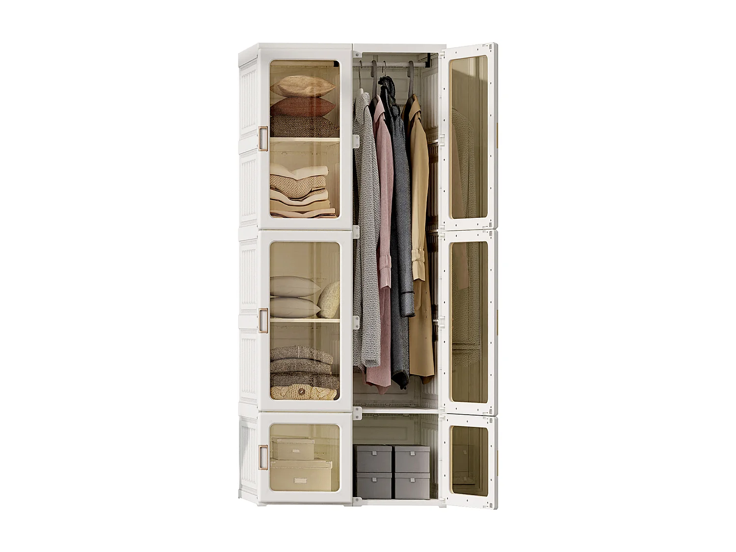 Draagbare kledingkast, opbergorganizer, met magnetische deuren, eenvoudige montage, transparante deur, 170 x 69 x 50 cm, wit