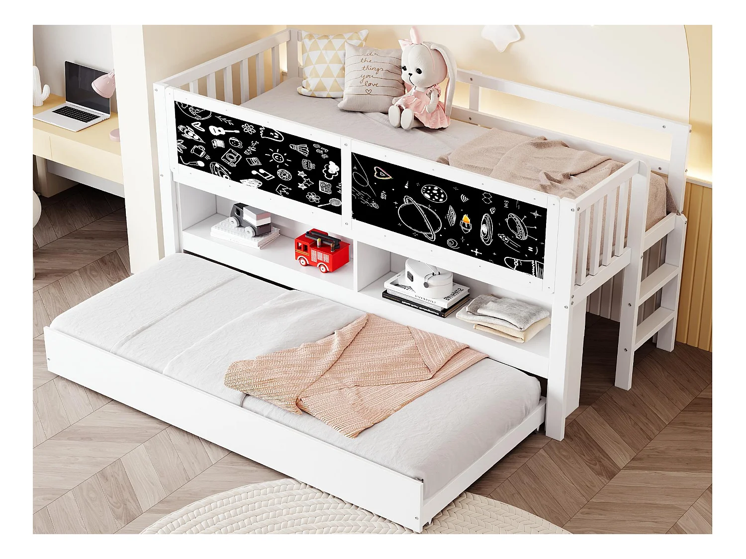 Kinderbed 90x200 cm - met opbergbed - met uitschuifbaar bed - met tekenbord - Wit (matras niet inbegrepen)