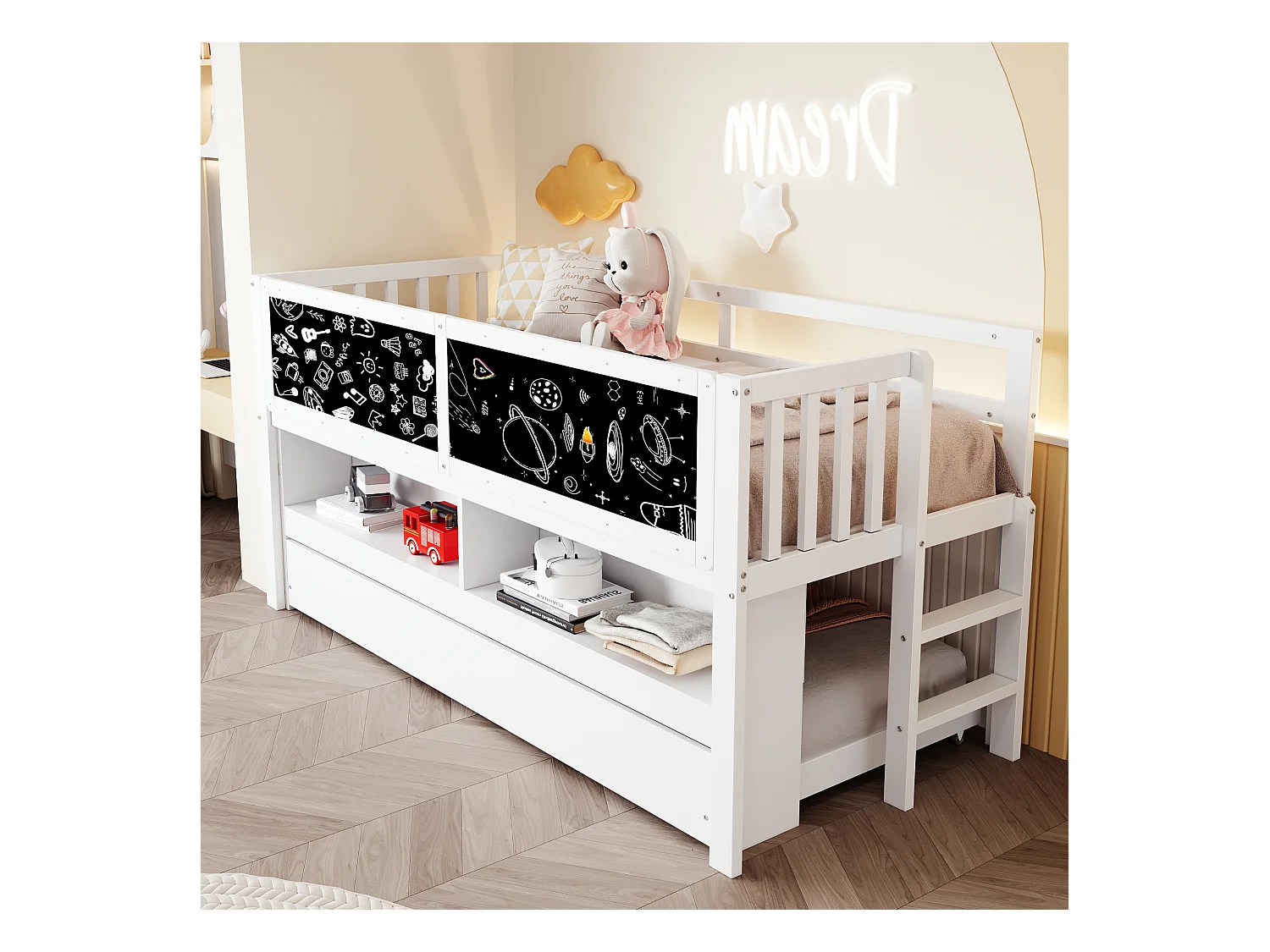 Kinderbed 90x200 cm - met opbergbed - met uitschuifbaar bed - met tekenbord - Wit (matras niet inbegrepen)