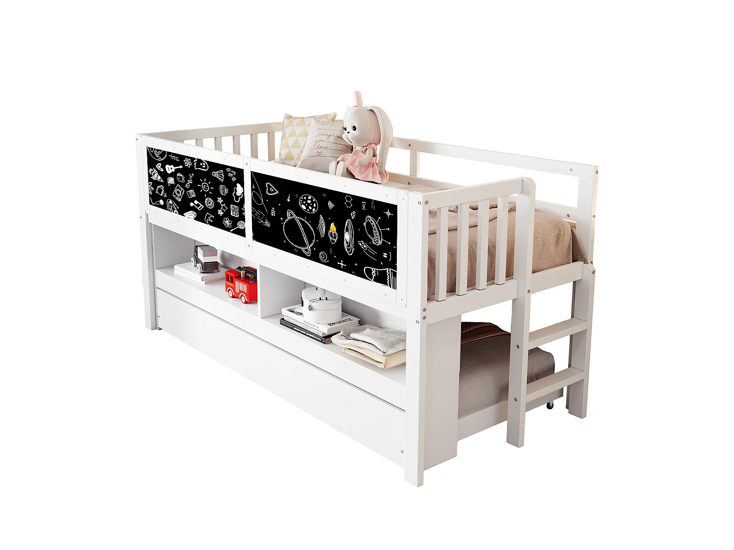 Kinderbed 90x200 cm - met opbergbed - met uitschuifbaar bed - met tekenbord - Wit (matras niet inbegrepen)