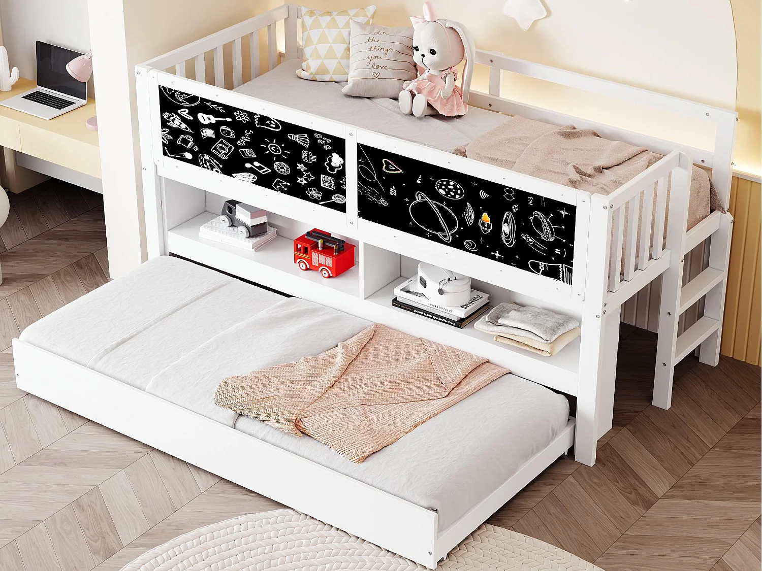 Kinderbett 90x200 cm - mit ausziehbarer Schlaffunktion - mit Stauraum - mit Zeichentafel - Weiß (Matratze nicht inbegriffen)