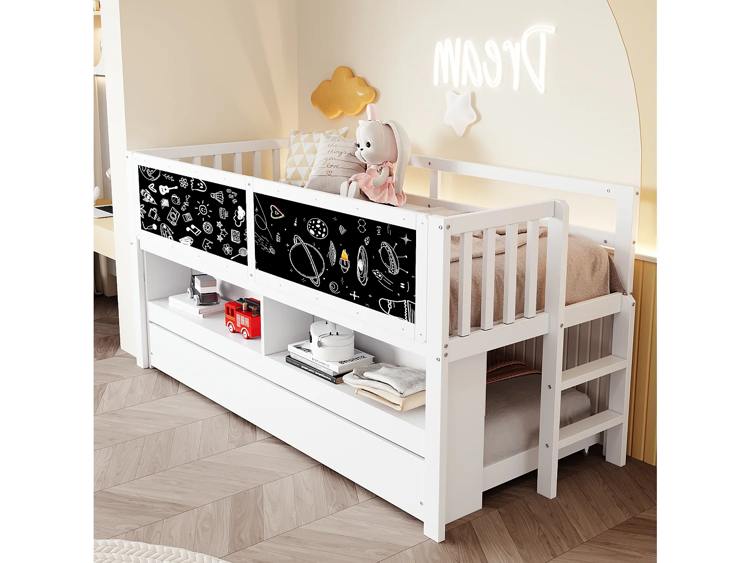 Kinderbett 90x200 cm - mit ausziehbarer Schlaffunktion - mit Stauraum - mit Zeichentafel - Weiß (Matratze nicht inbegriffen)