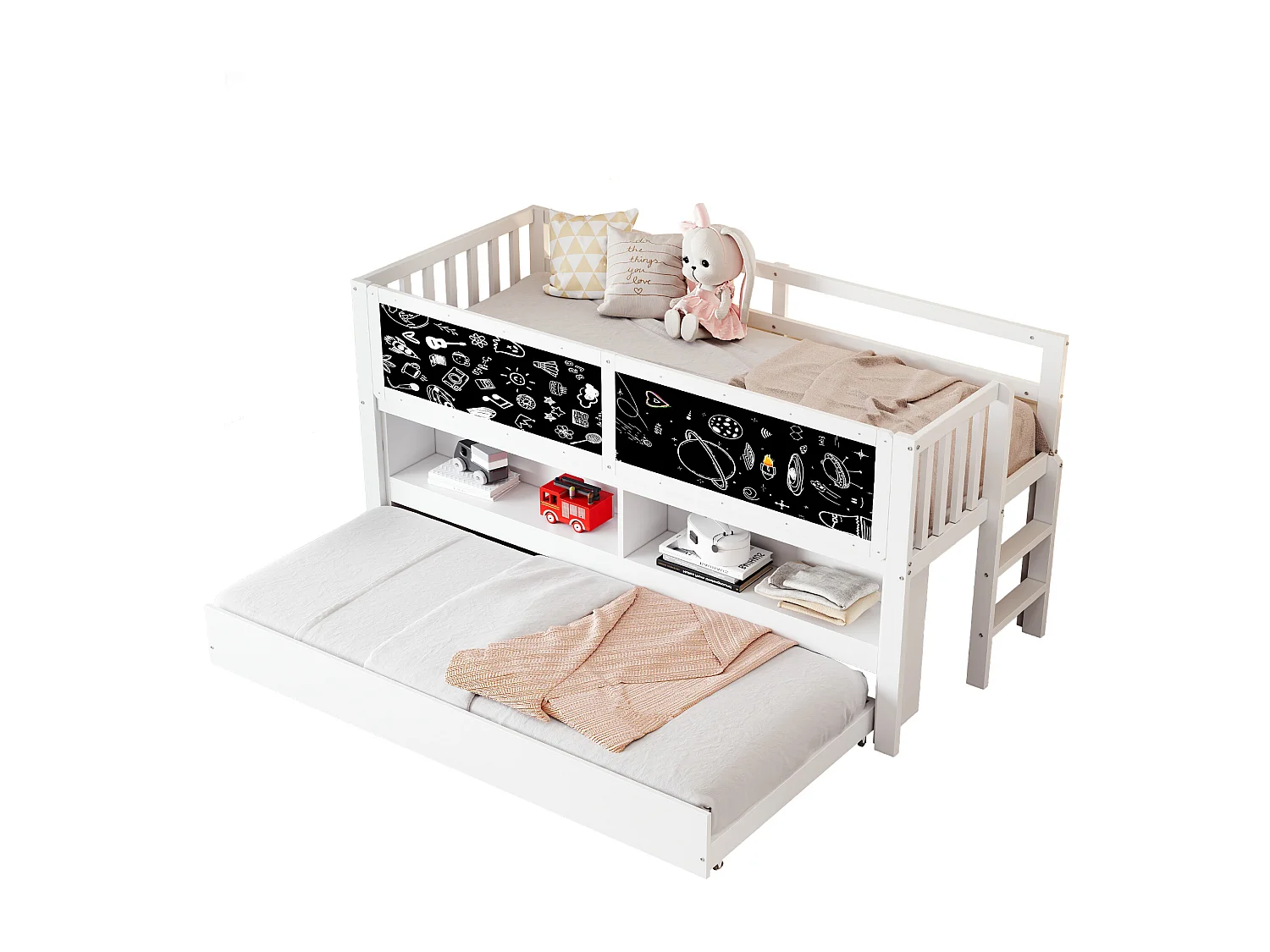 Kinderbett 90x200 cm - mit ausziehbarer Schlaffunktion - mit Stauraum - mit Zeichentafel - Weiß (Matratze nicht inbegriffen)