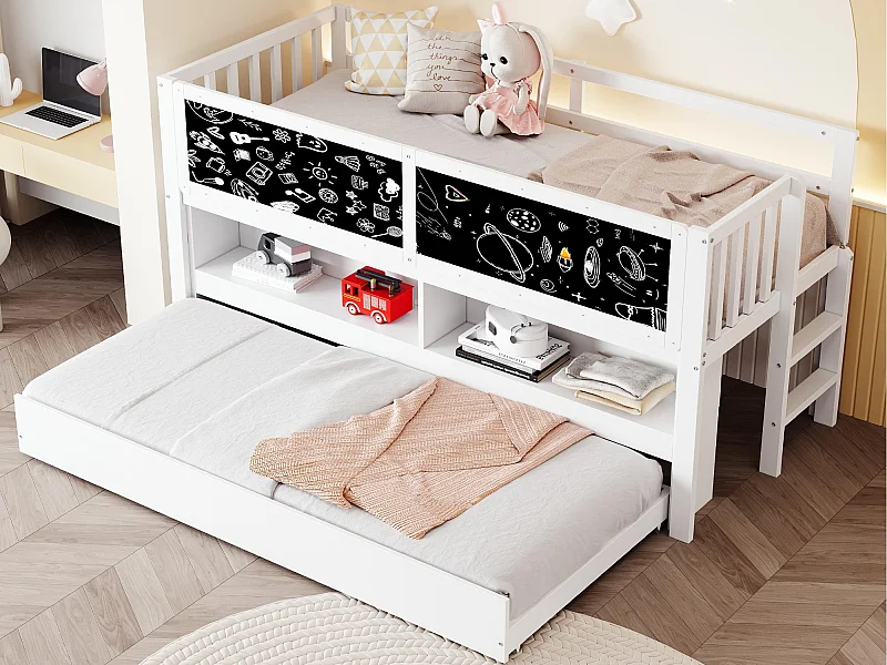 Lit enfant 90x200 cm - avec lit gigogne - avec rangement - avec tableau à dessin - Blanc (matelas non inclus)