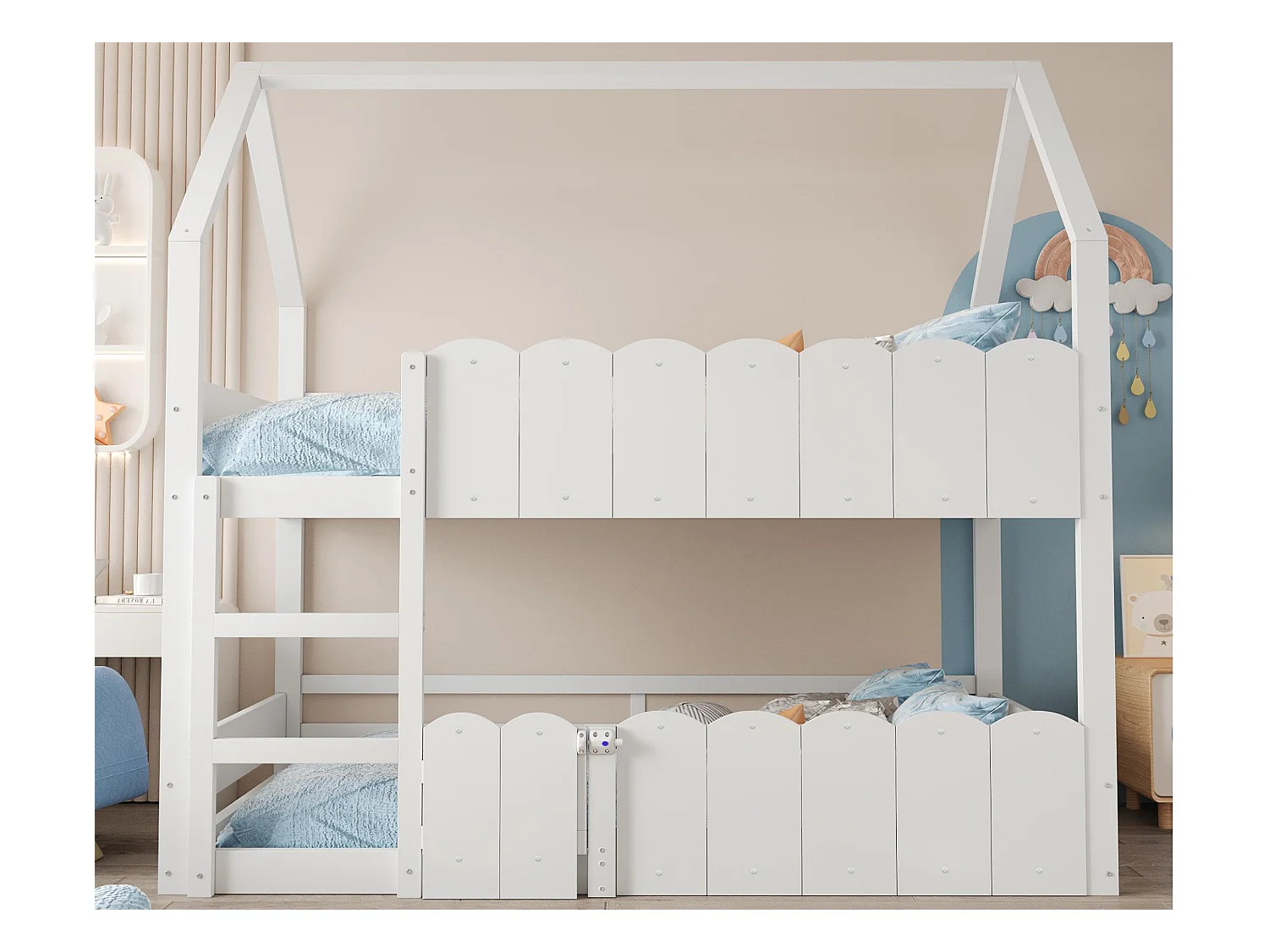 Kinderetagenbett 90x200 cm - Hausförmiges Design - Mit Sicherheitsgittern - Weiß (Matratze nicht im Lieferumfang)