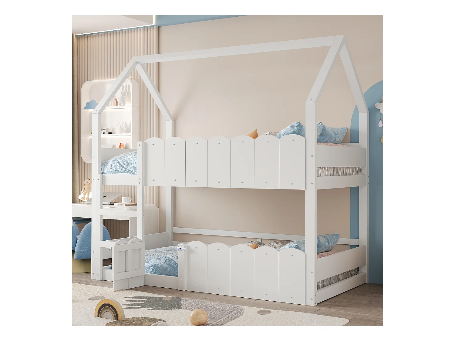 Kinderetagenbett 90x200 cm - Hausförmiges Design - Mit Sicherheitsgittern - Weiß (Matratze nicht im Lieferumfang)