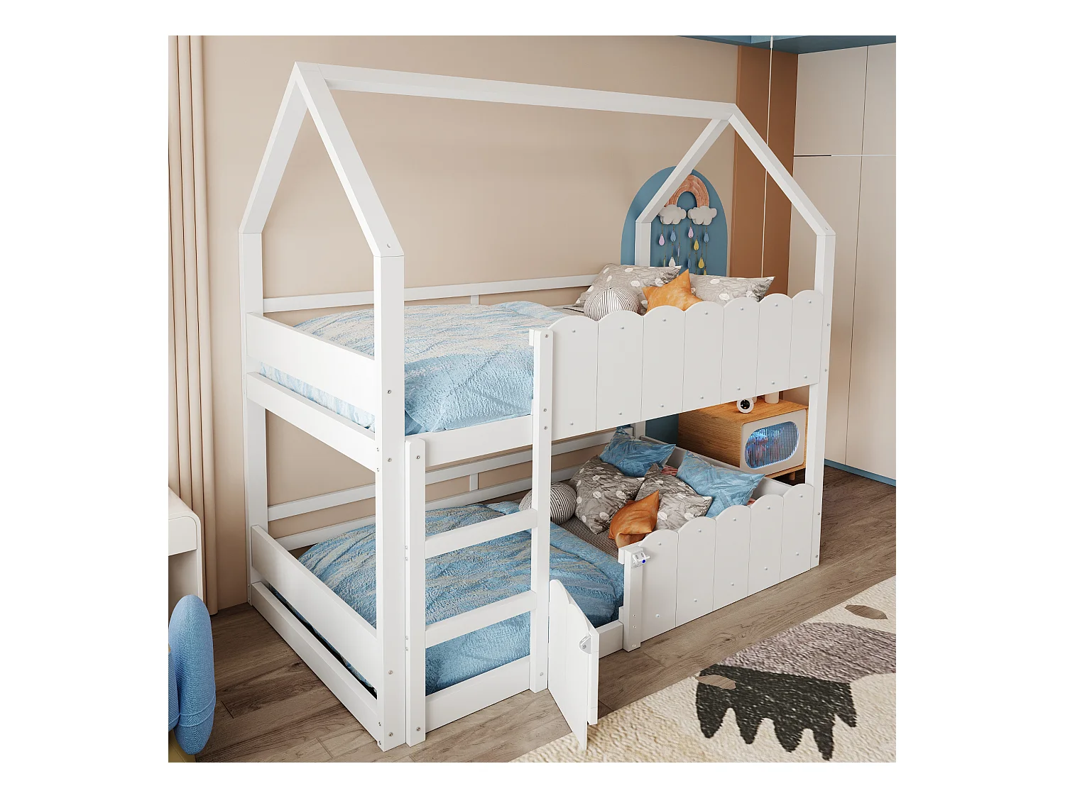 Kinderetagenbett 90x200 cm - Hausförmiges Design - Mit Sicherheitsgittern - Weiß (Matratze nicht im Lieferumfang)