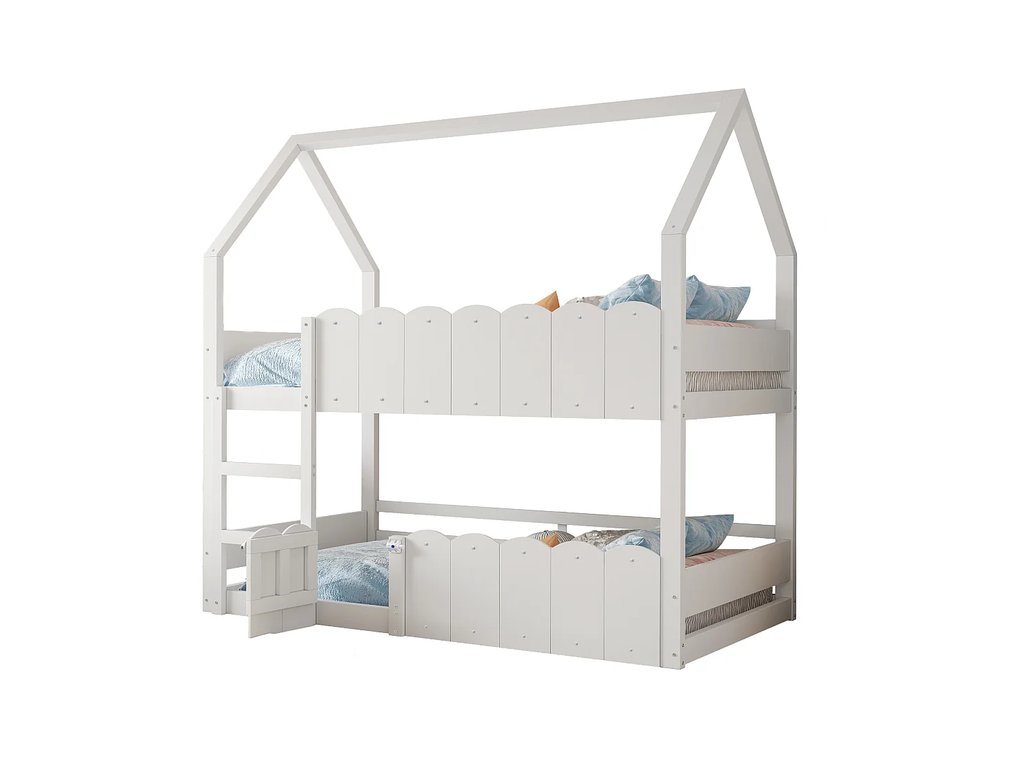 Kinderetagenbett 90x200 cm - Hausförmiges Design - Mit Sicherheitsgittern - Weiß (Matratze nicht im Lieferumfang)