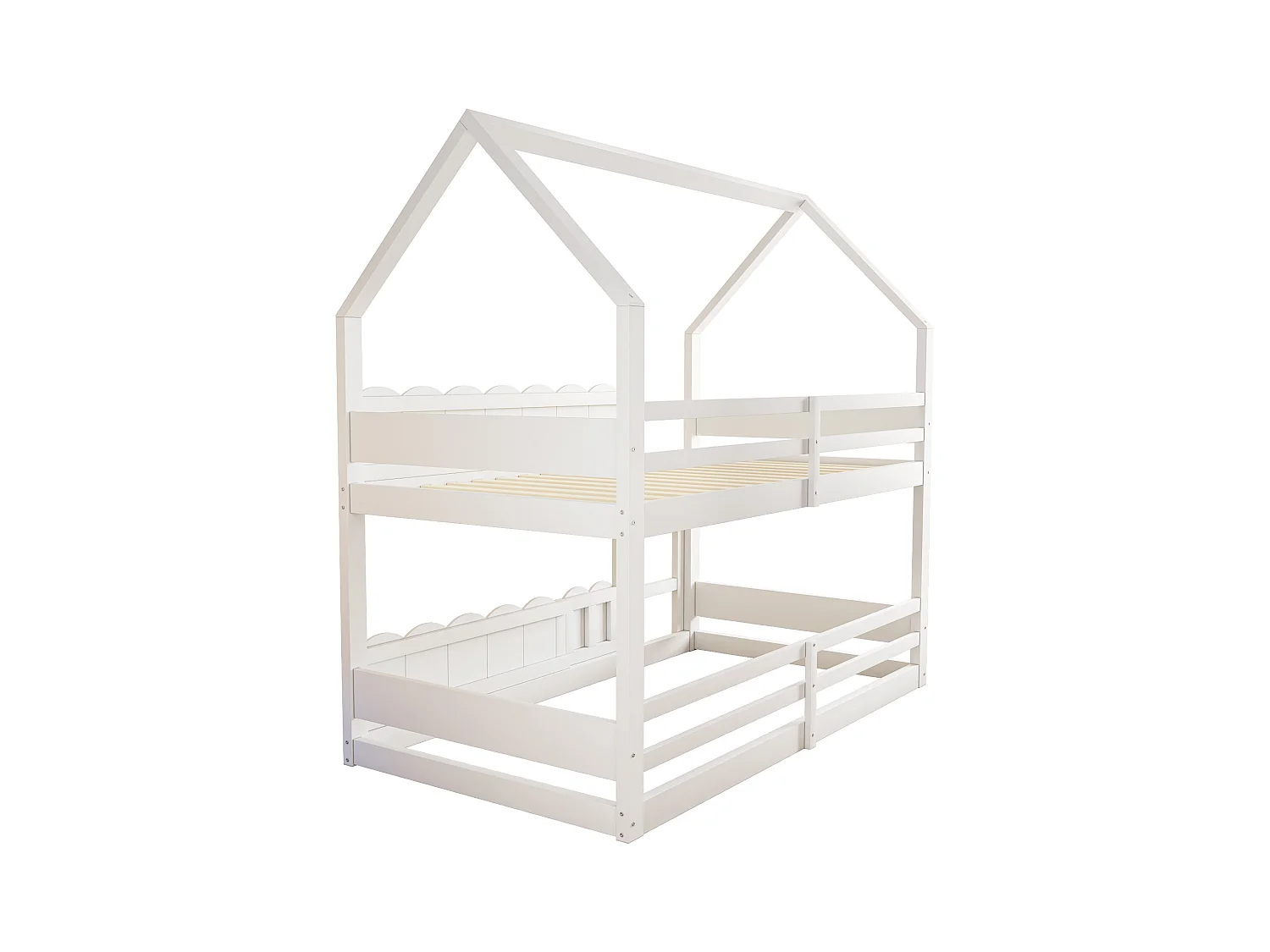 Kinderetagenbett 90x200 cm - Hausförmiges Design - Mit Sicherheitsgittern - Weiß (Matratze nicht im Lieferumfang)
