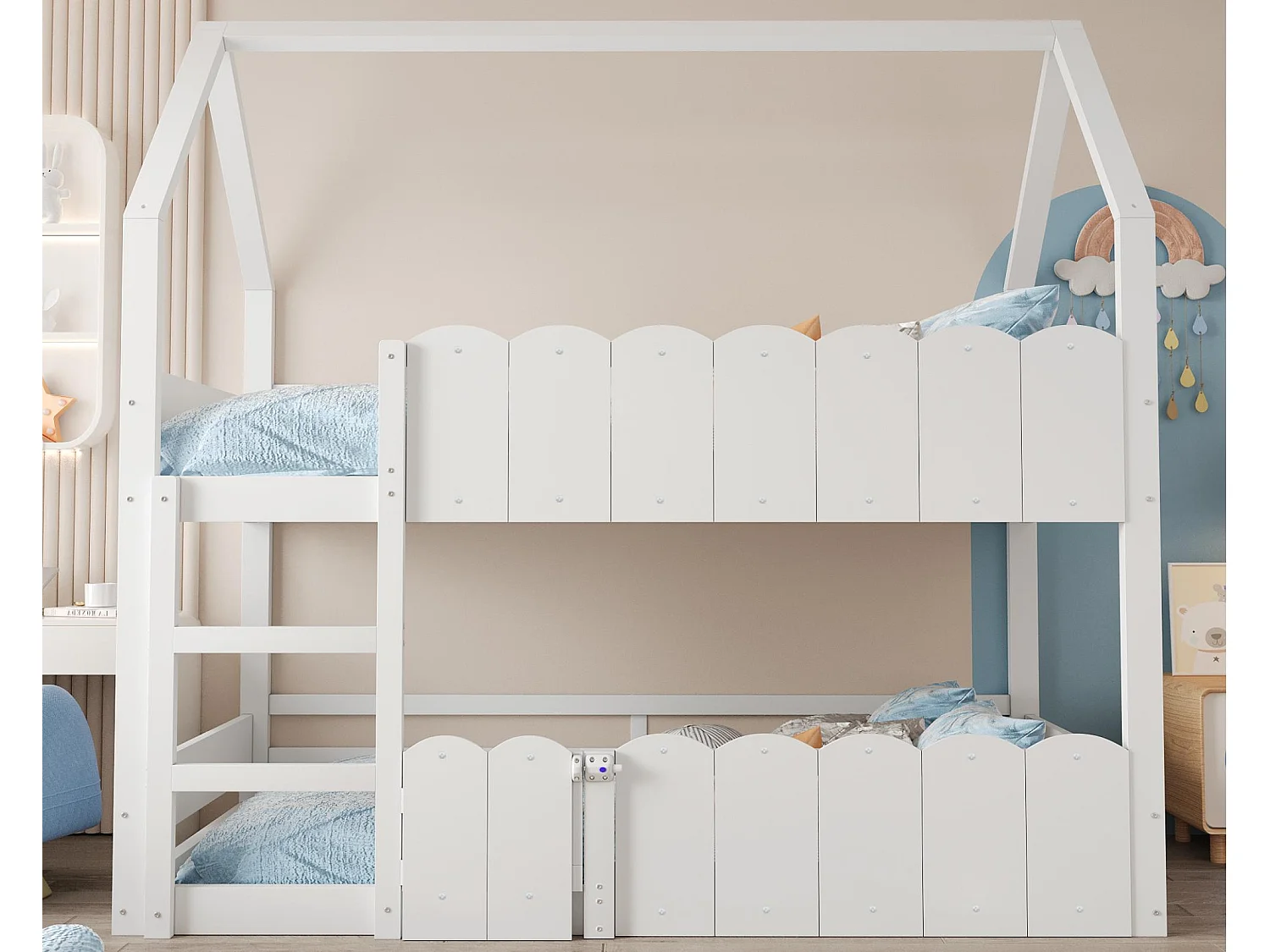 Lit superposé pour enfants 90x200 cm - design en forme de maison - avec barrières de sécurité - Blanc (matelas non inclus)